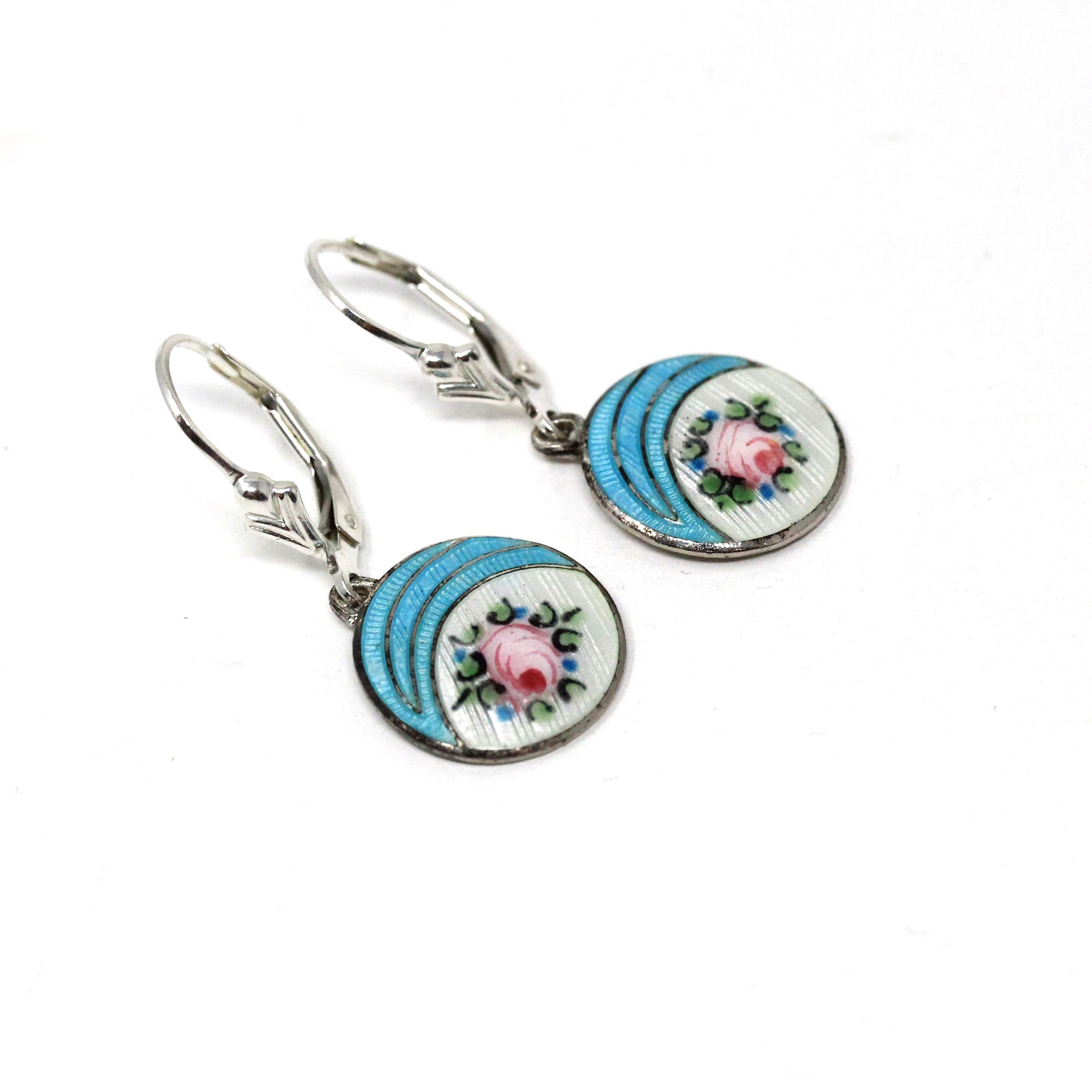 Vintage Enamel Earrings - Art Deco Sterling Silver Blue Pink Green Floral Dangling Leverback - Circa 1930s Era Fashion Accessory Jewelry
