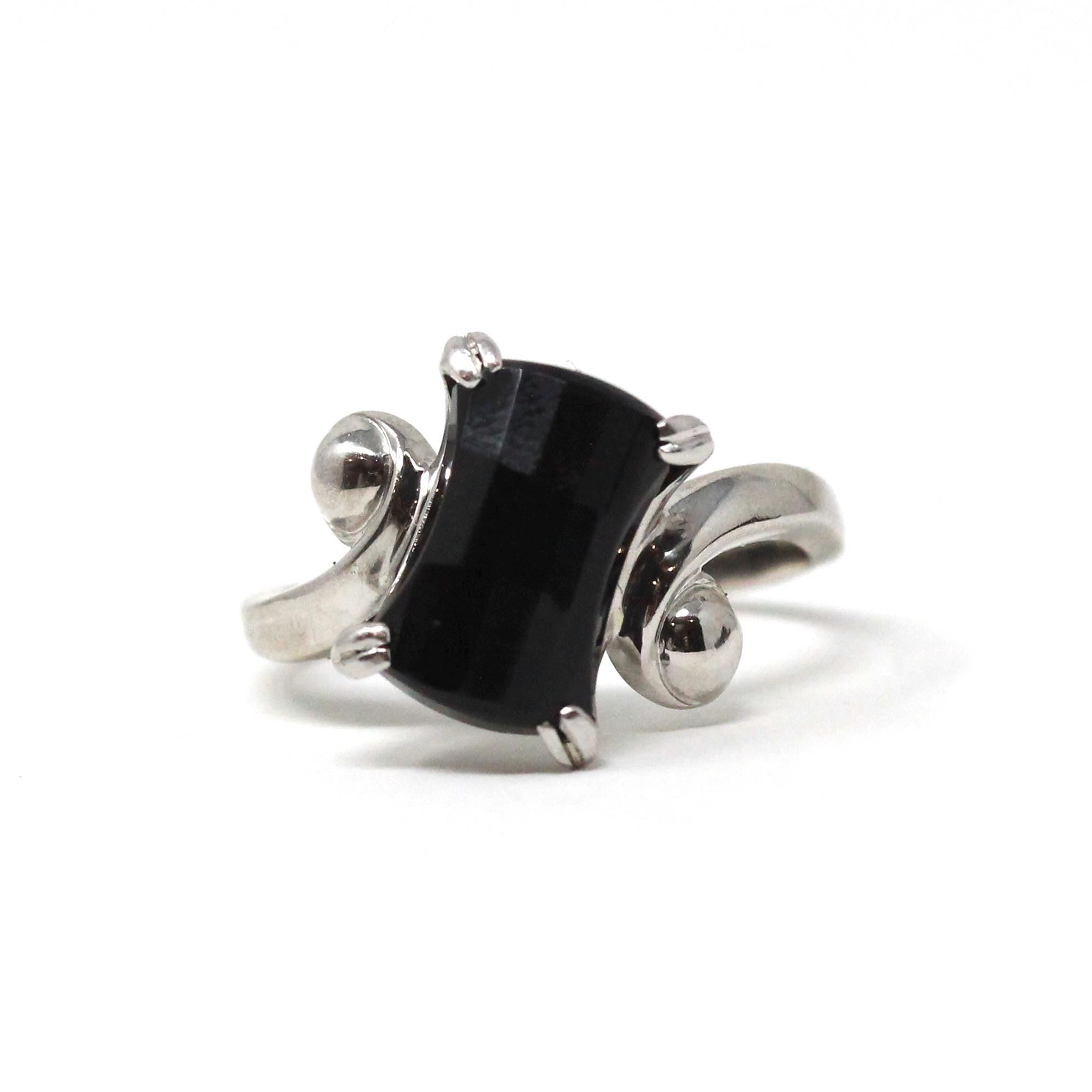 Onyx Bypass Ring - Mid Century 14k White Gold Natural Black Chalcedony Checkerboard Statement - Vintage Circa 1950s Size 7 1/4 Fine Jewelry