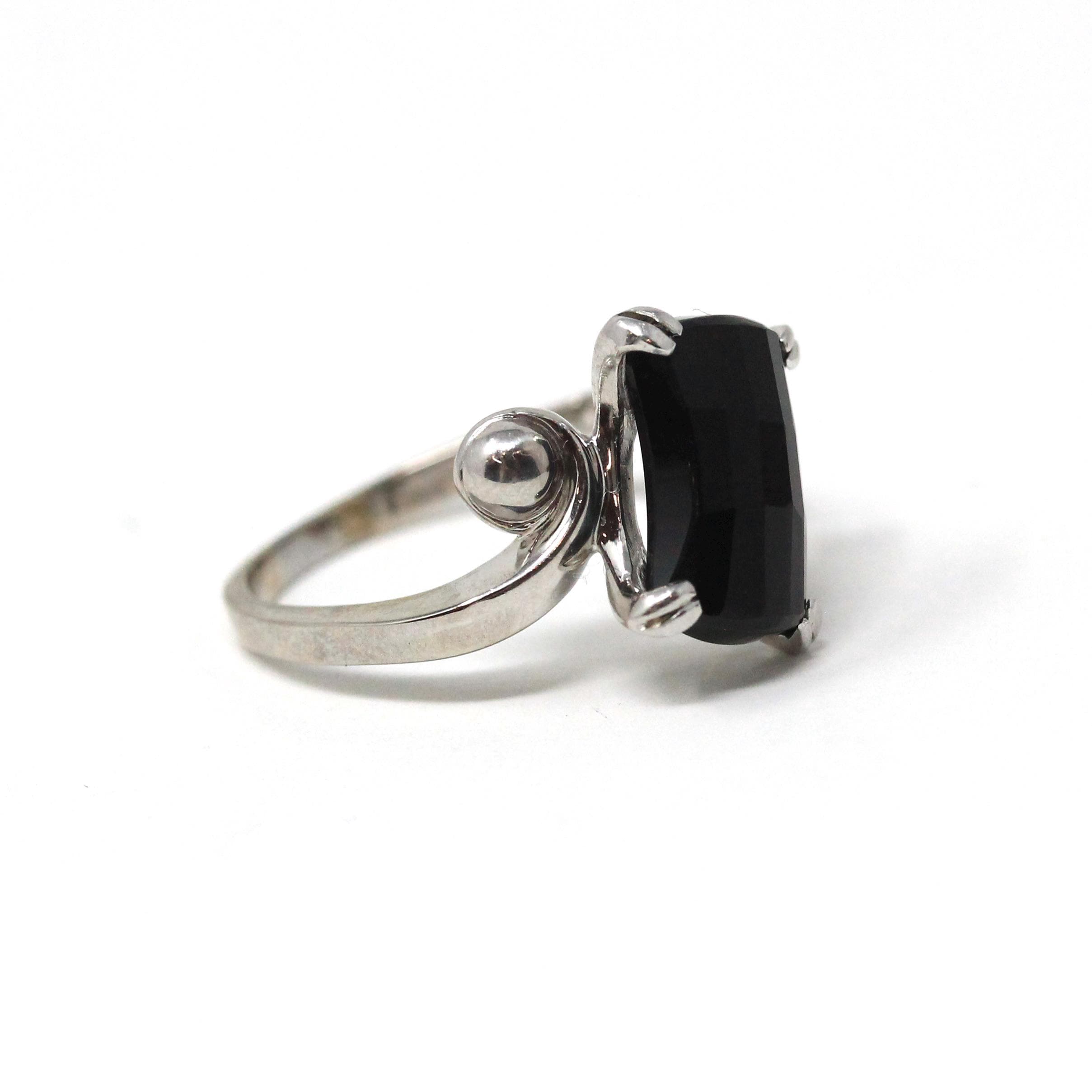 Onyx Bypass Ring - Mid Century 14k White Gold Natural Black Chalcedony Checkerboard Statement - Vintage Circa 1950s Size 7 1/4 Fine Jewelry