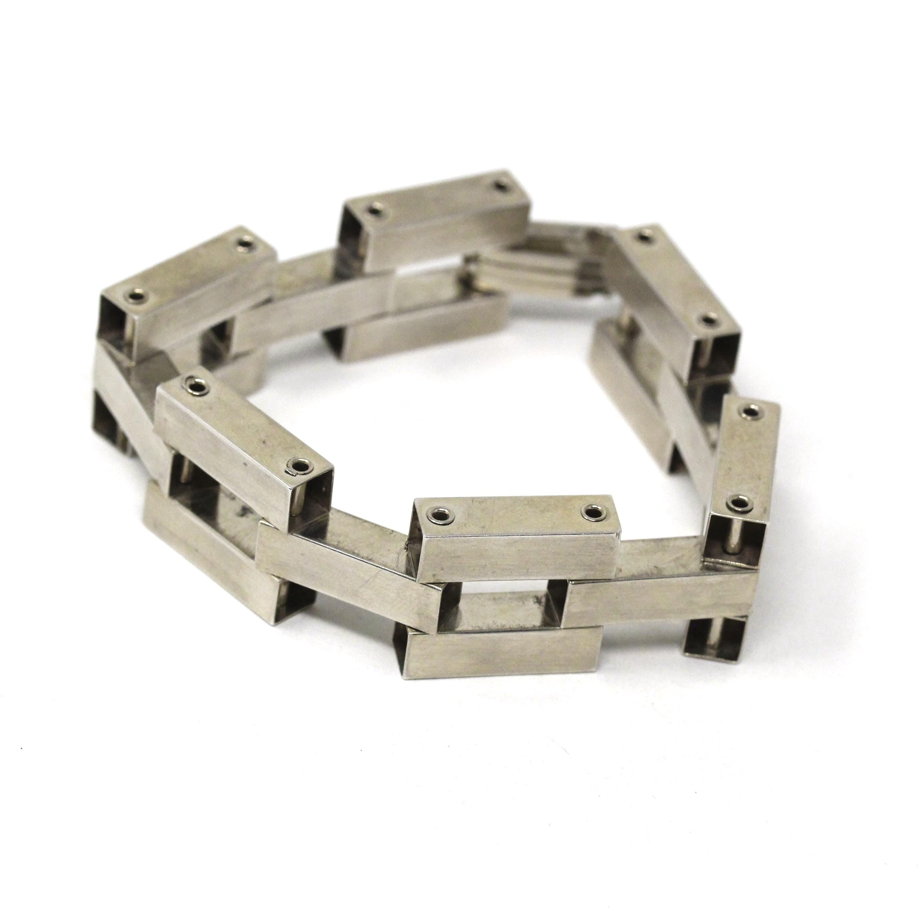 Modernist Silver Bracelet - Retro Era Chunky Gate Link Chain Brick Panel 7 1/2 Inches - Vintage Circa 1960s Statement Fashion Accessory