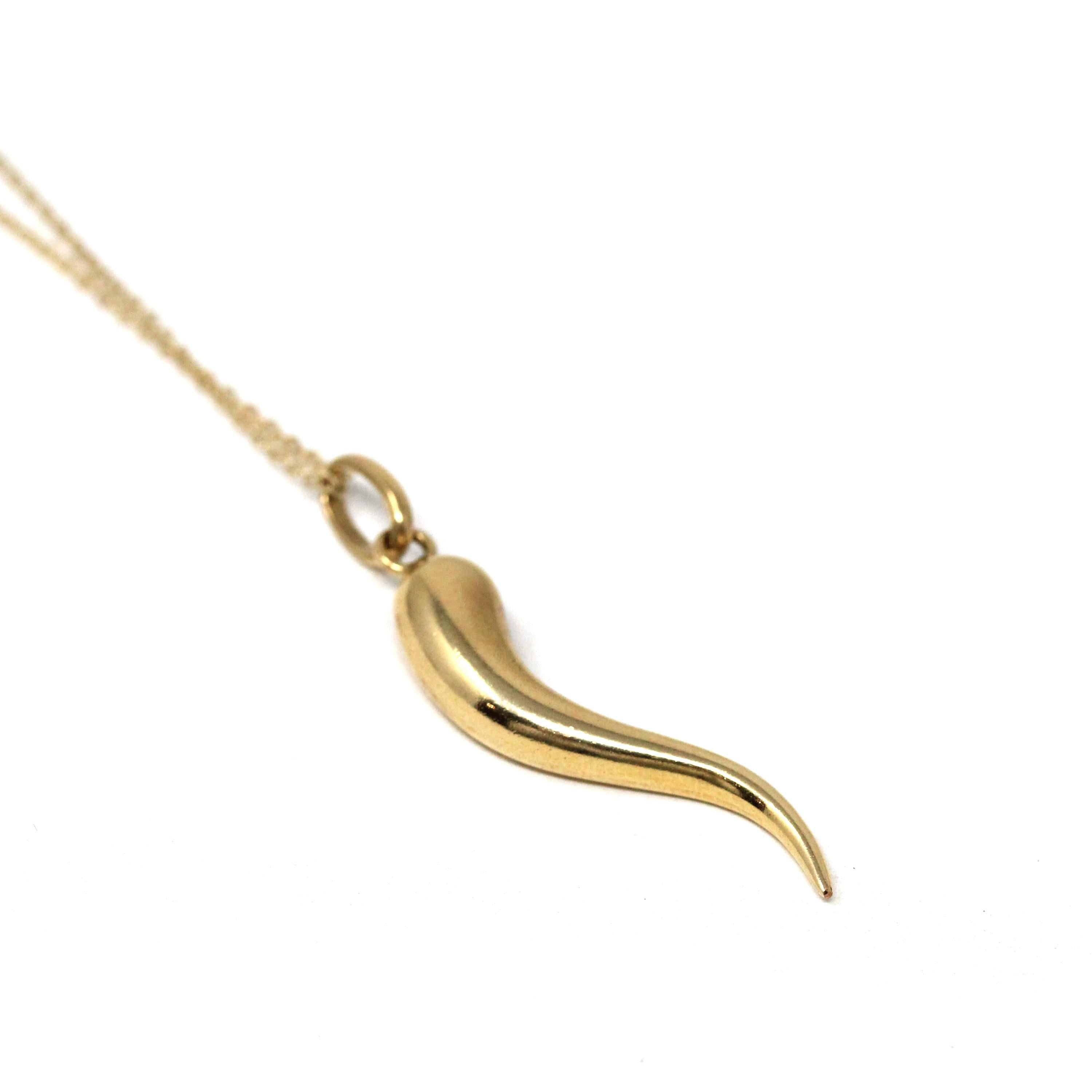 Italian Horn Charm - Retro 14k Yellow Gold Italy Cornicello Good Luck Pendant Necklace - Vintage 1970s Era Ward Off Evil Amulet Fine Jewelry