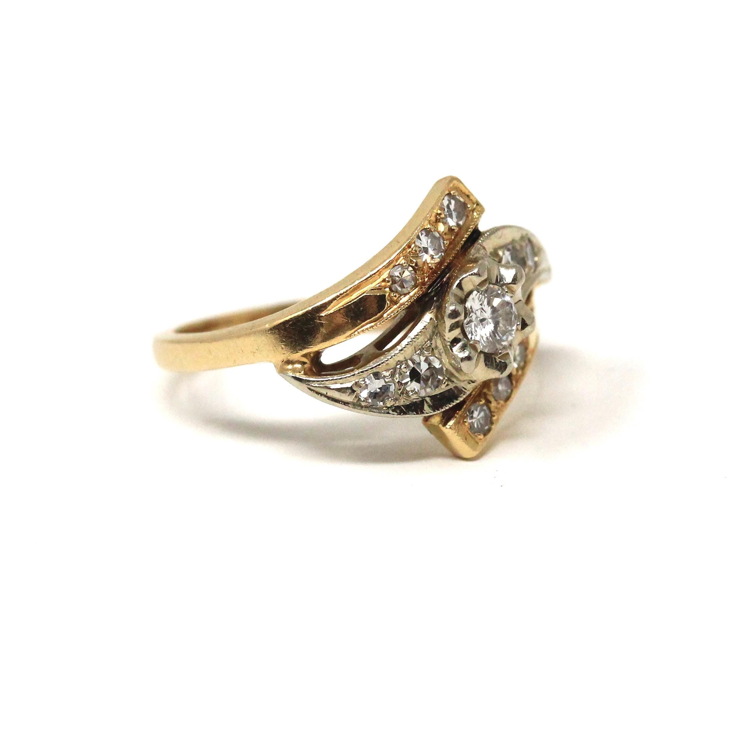 Mid Century Diamond Ring - Vintage 14K Yellow White Gold Natural Gemstones - Circa 1950s Era Size 6 1/4 Two Tone Fine Engagement 50s Jewelry