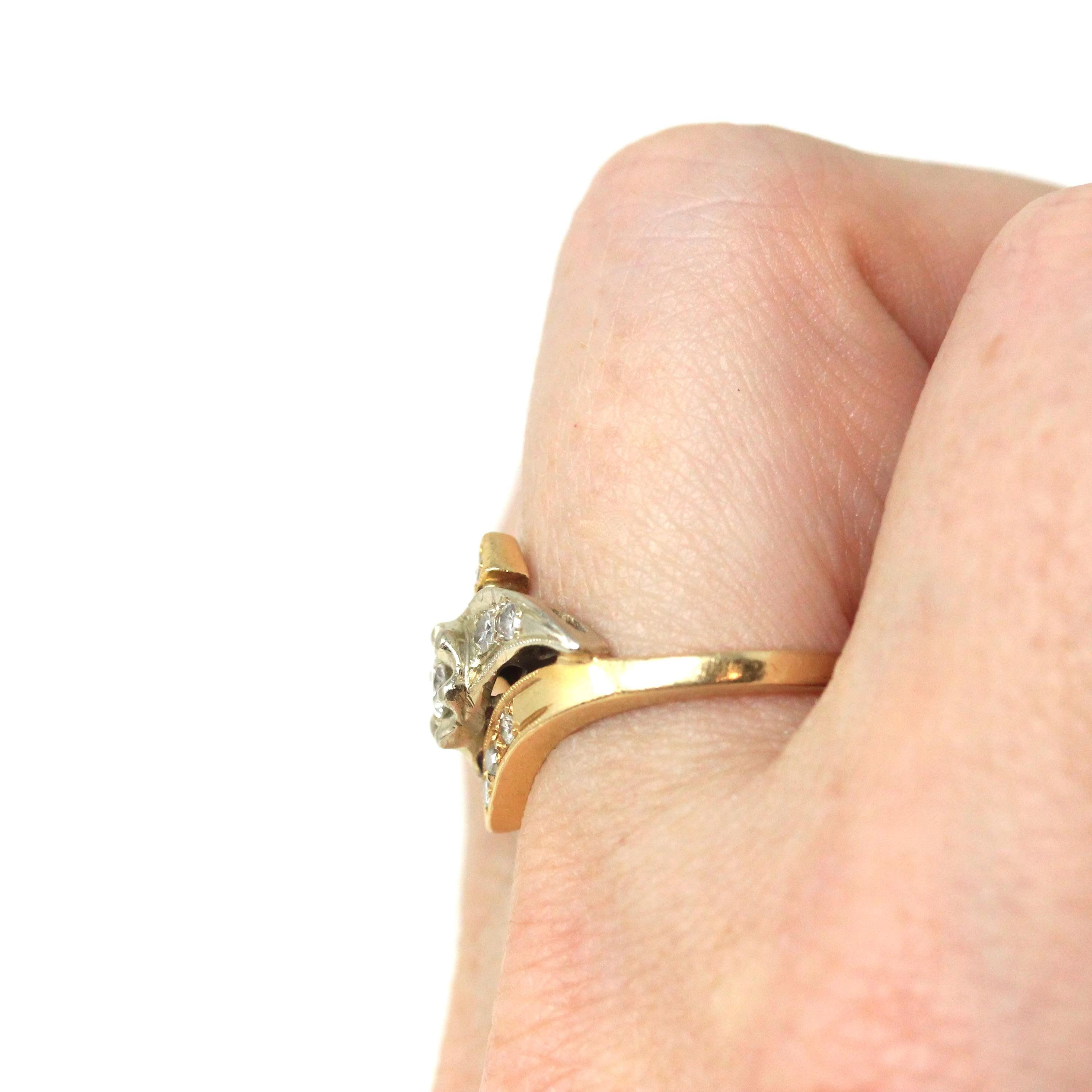 Mid Century Diamond Ring - Vintage 14K Yellow White Gold Natural Gemstones - Circa 1950s Era Size 6 1/4 Two Tone Fine Engagement 50s Jewelry