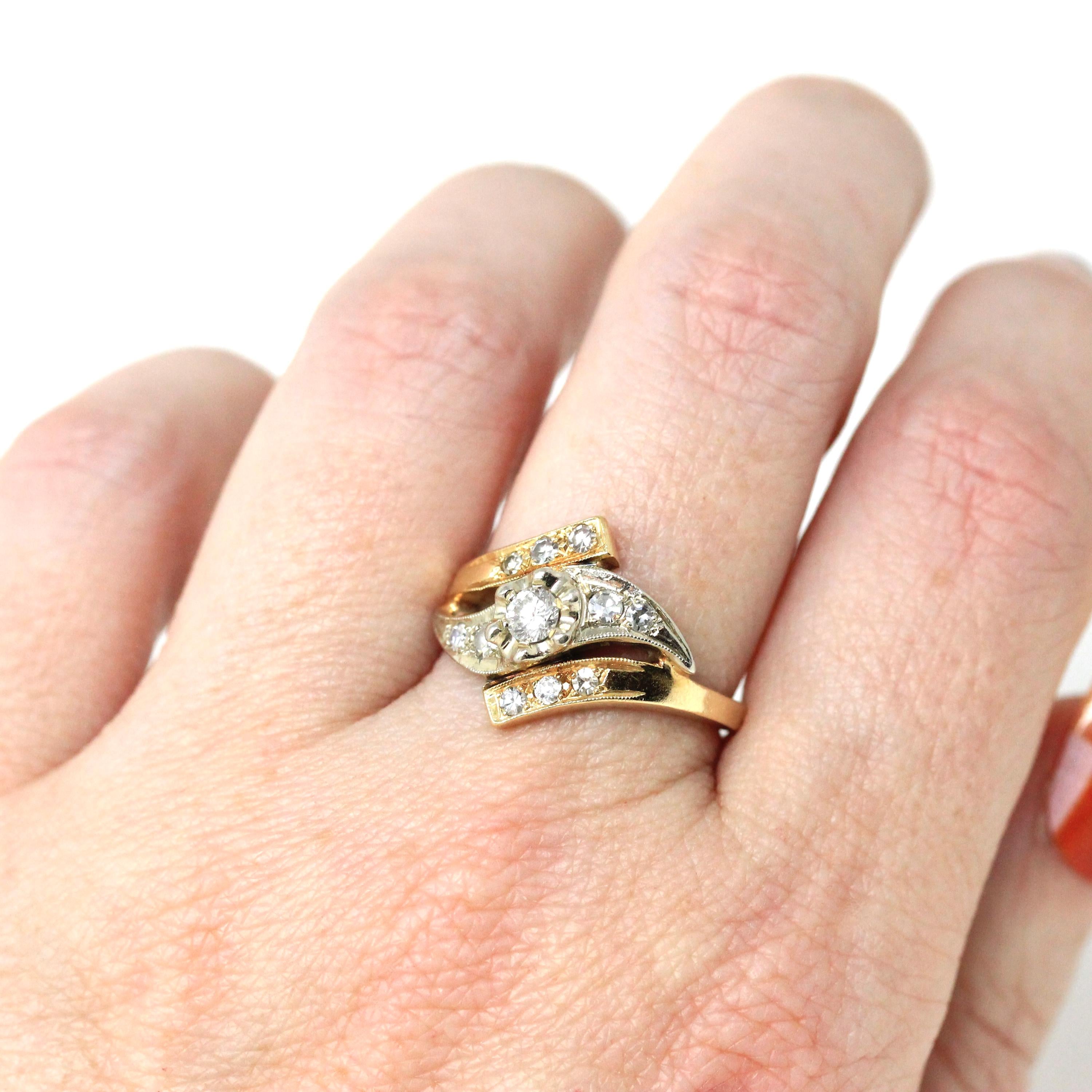 Mid Century Diamond Ring - Vintage 14K Yellow White Gold Natural Gemstones - Circa 1950s Era Size 6 1/4 Two Tone Fine Engagement 50s Jewelry