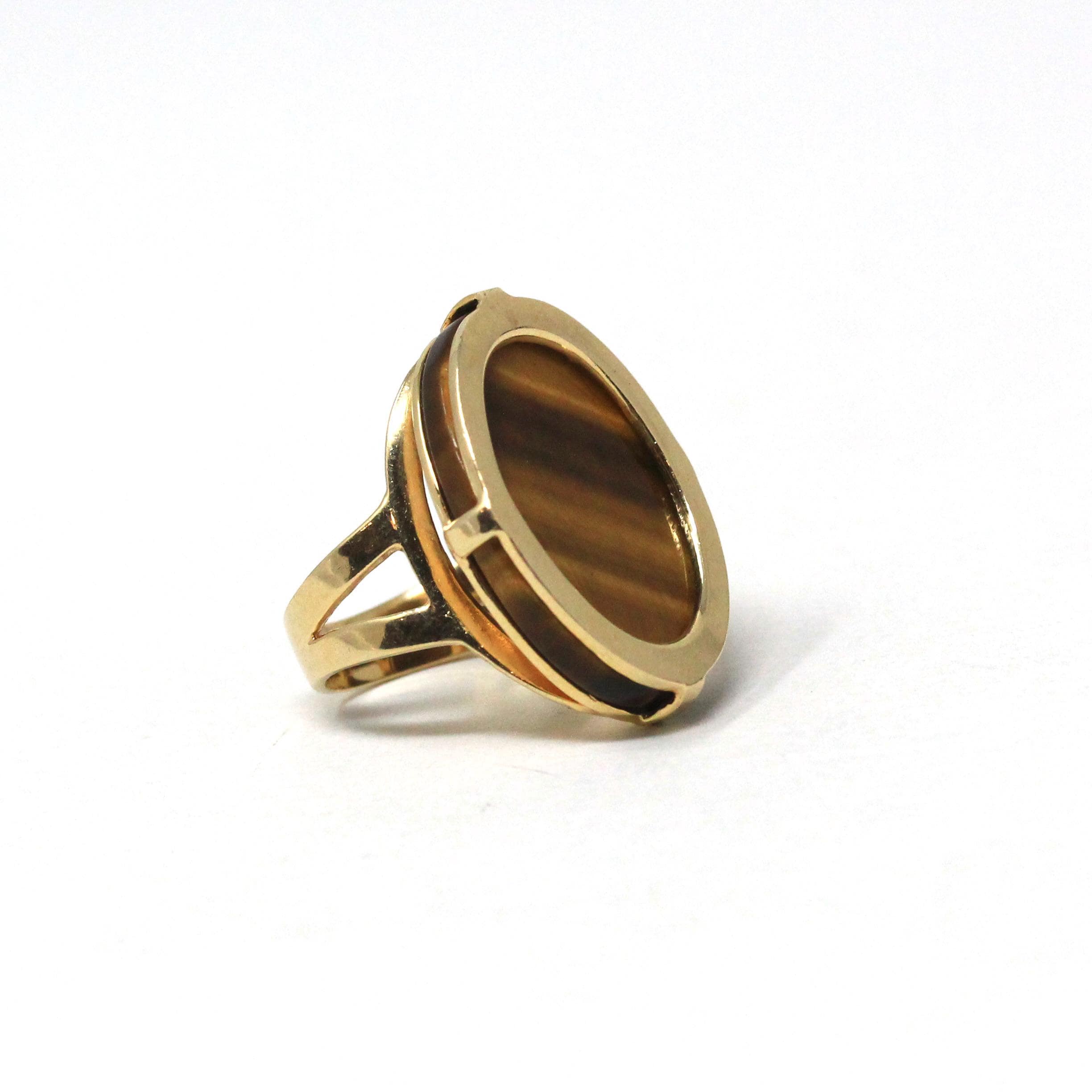 Tiger's Eye Ring - Retro 14k Yellow Gold Natural Brown Gemstone Statement - Vintage Circa 1970s Era Size 6 Oval Chatoyancy Fine 70s Jewelry
