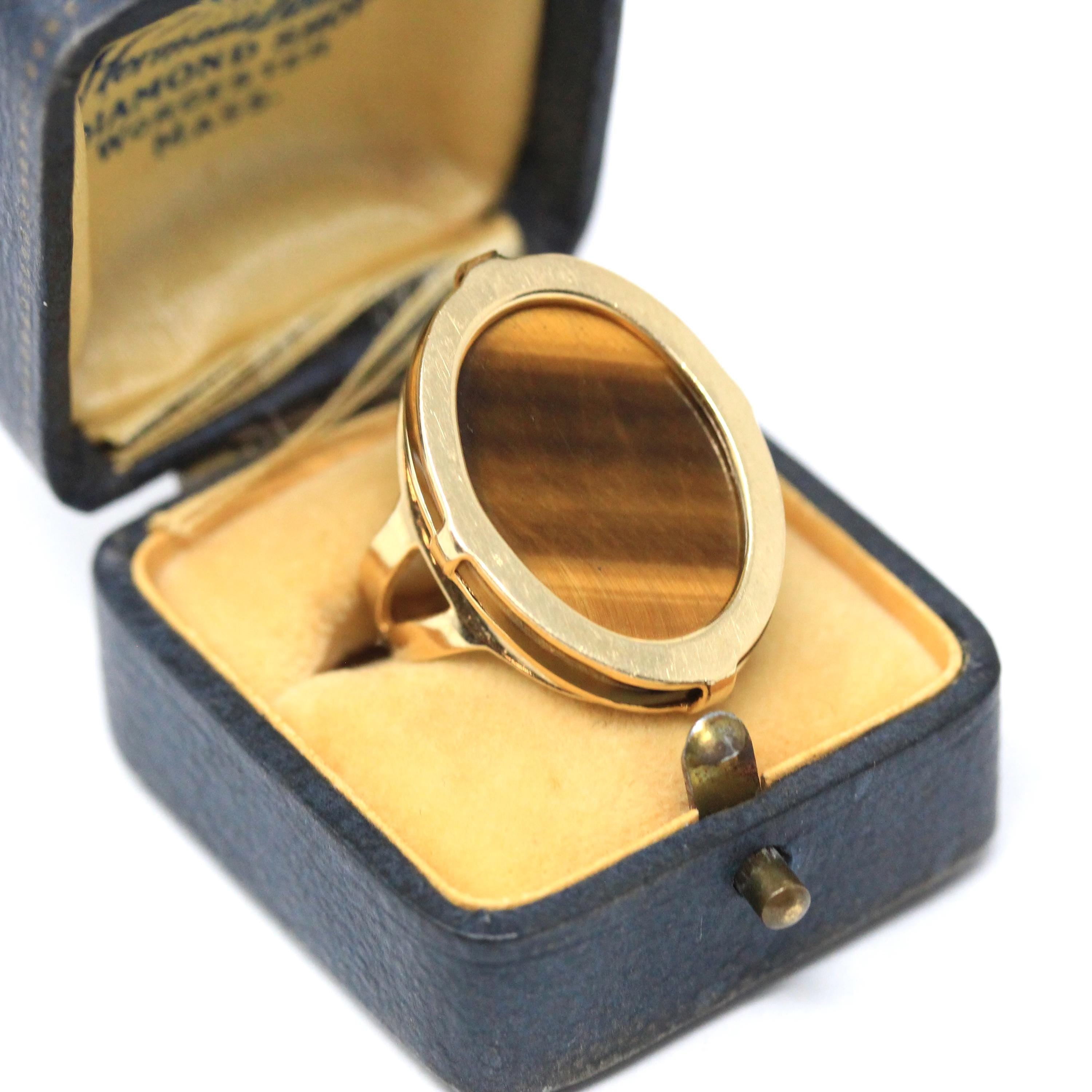 Tiger's Eye Ring - Retro 14k Yellow Gold Natural Brown Gemstone Statement - Vintage Circa 1970s Era Size 6 Oval Chatoyancy Fine 70s Jewelry