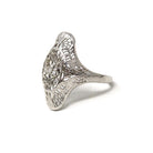 Vintage Shield Ring - Art Deco Style 10k White Gold Natural Diamond - Mid Century 1950s Era Size 3.75 Pinky Fine Filigree Open Metal Jewelry