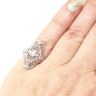 Vintage Shield Ring - Art Deco Style 10k White Gold Natural Diamond - Mid Century 1950s Era Size 3.75 Pinky Fine Filigree Open Metal Jewelry