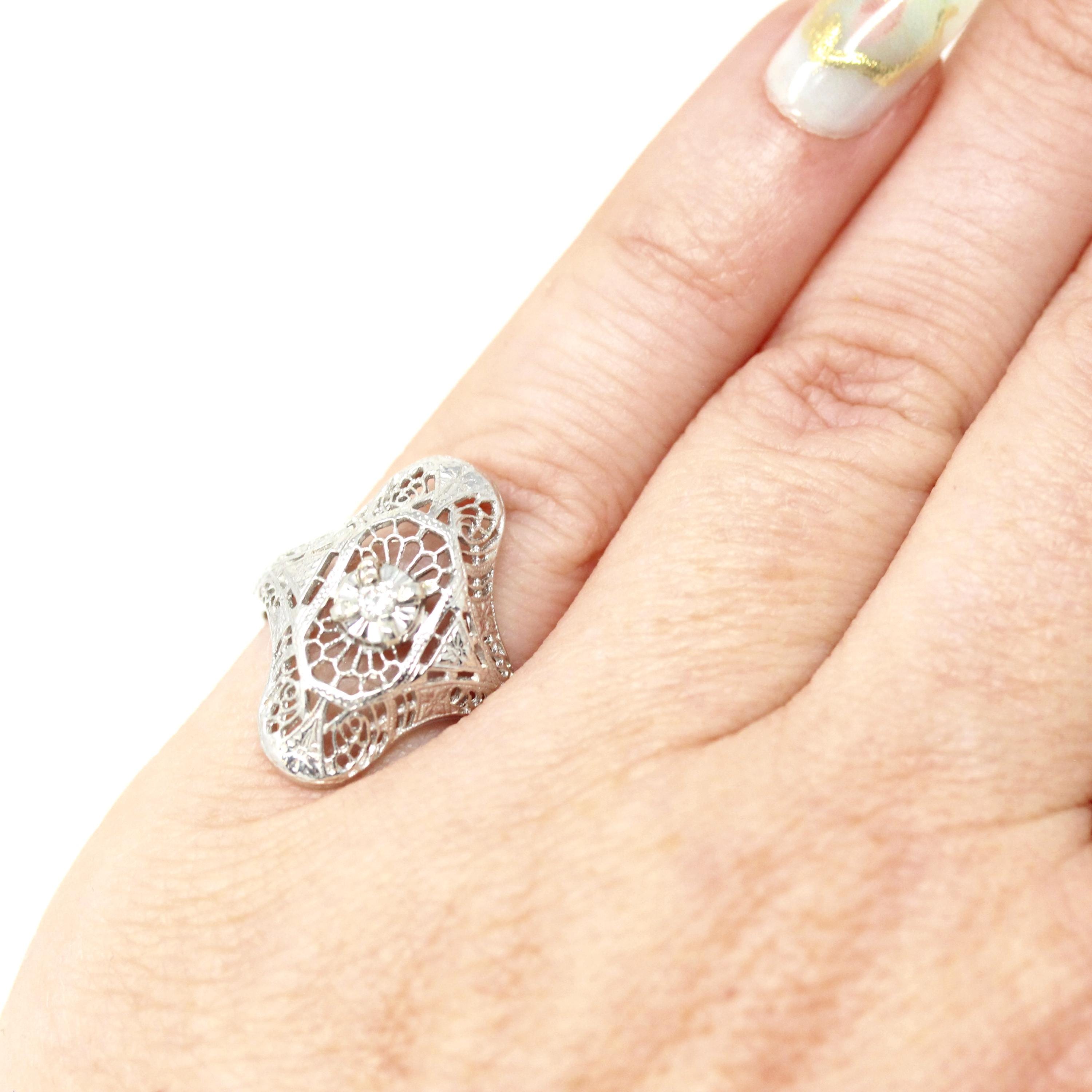 Vintage Shield Ring - Art Deco Style 10k White Gold Natural Diamond - Mid Century 1950s Era Size 3.75 Pinky Fine Filigree Open Metal Jewelry