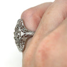 Vintage Shield Ring - Art Deco Style 10k White Gold Natural Diamond - Mid Century 1950s Era Size 3.75 Pinky Fine Filigree Open Metal Jewelry