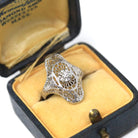 Vintage Shield Ring - Art Deco Style 10k White Gold Natural Diamond - Mid Century 1950s Era Size 3.75 Pinky Fine Filigree Open Metal Jewelry