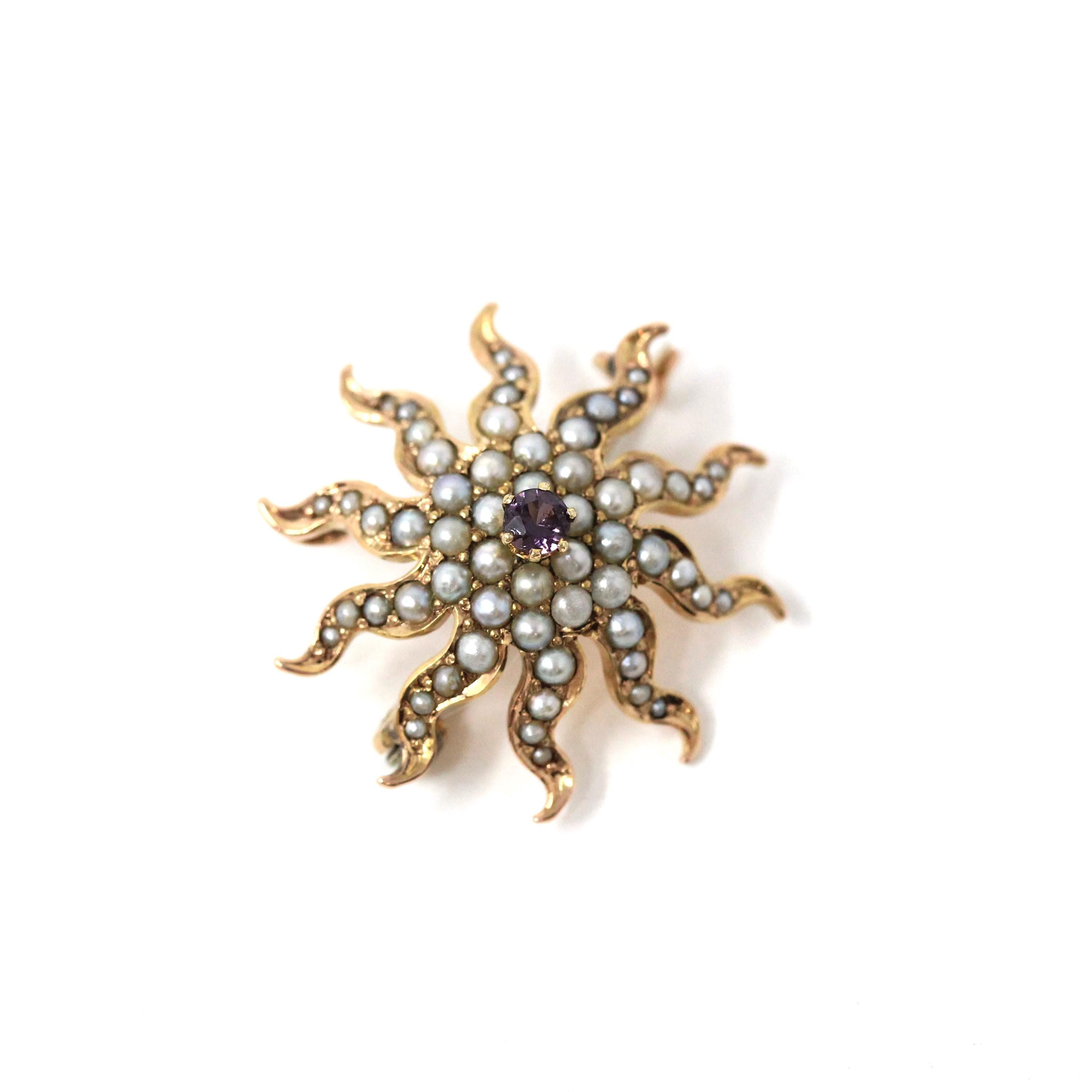 Antique Starburst Brooch - Victorian 10k Yellow Gold Seed Pearl Pin Pendant - Circa 1890s Era Statement Celestial Charm Accessory Jewelry