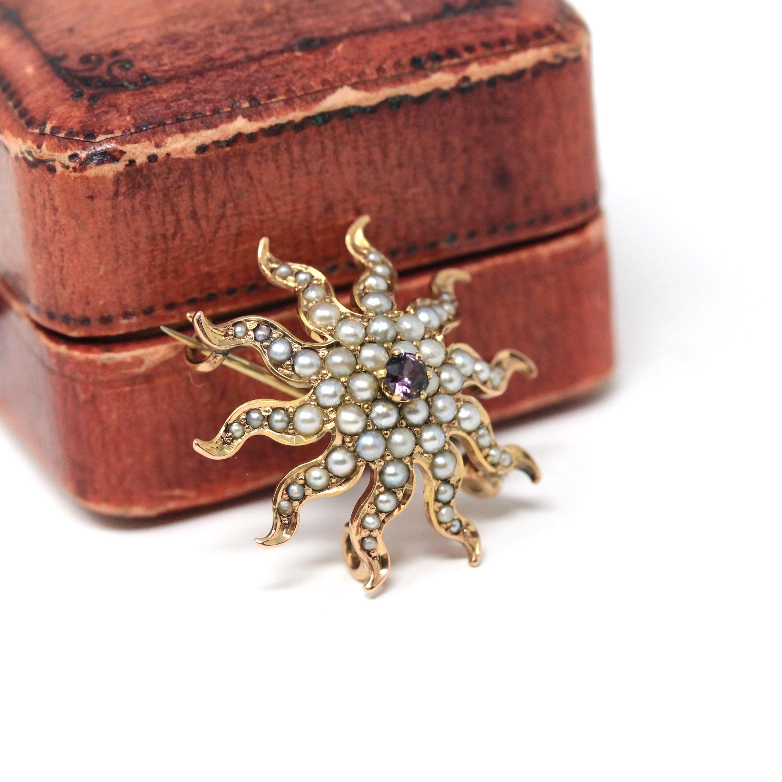 Antique Starburst Brooch - Victorian 10k Yellow Gold Seed Pearl Pin Pendant - Circa 1890s Era Statement Celestial Charm Accessory Jewelry