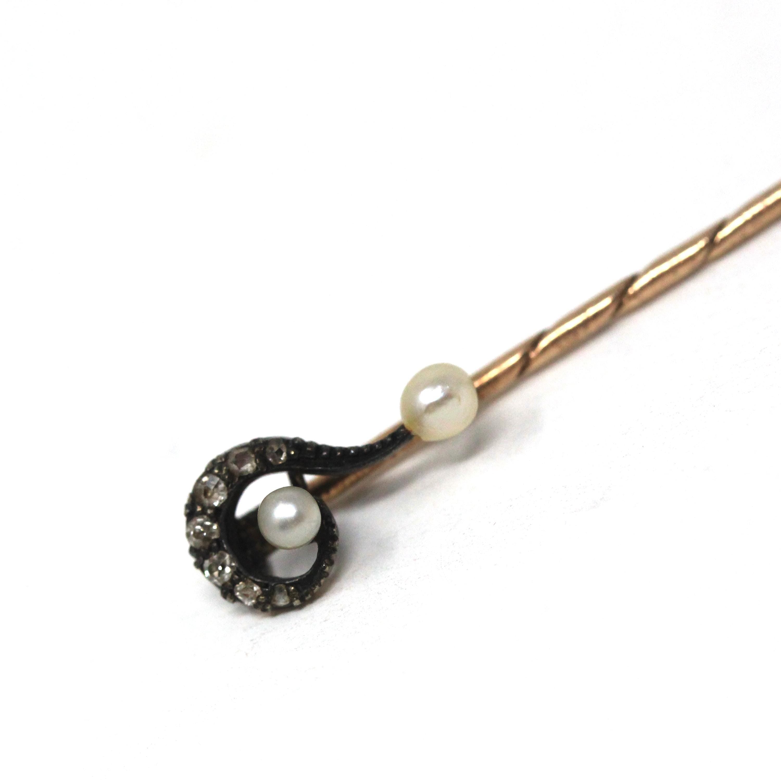 Question Mark Stick Pin - Antique Sterling Silver & 14k Yellow Gold Lapel Cravat Brooch - Victorian Era 1890s Pearl And Diamond Fine Jewelry
