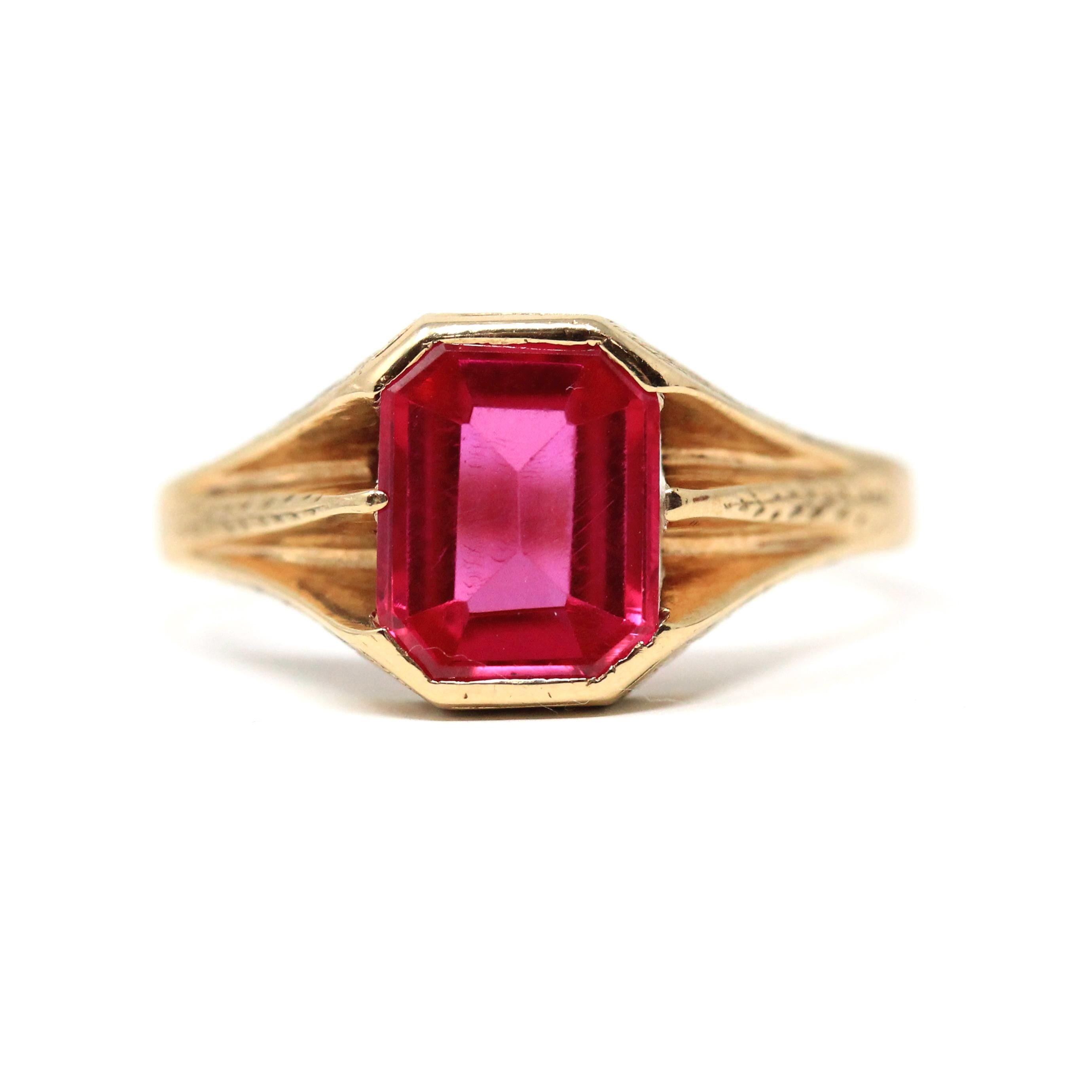 Created Ruby Ring - Art Deco 14k Yellow Gold Emerald Cut Red Gemstone - Vintage Circa 1930s Era Size 12 1/2 July Birthstone Fine Jewelry