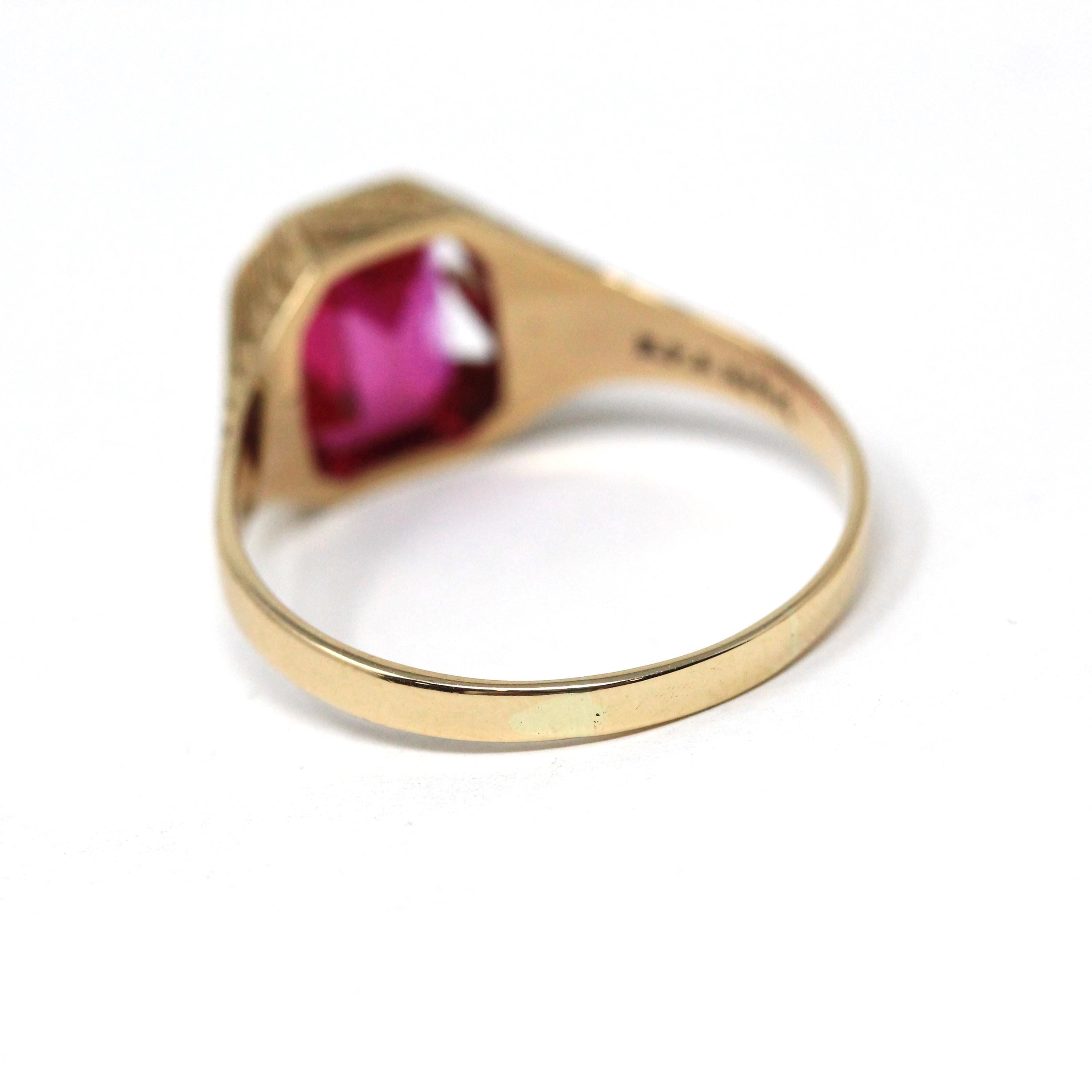 Created Ruby Ring - Art Deco 14k Yellow Gold Emerald Cut Red Gemstone - Vintage Circa 1930s Era Size 12 1/2 July Birthstone Fine Jewelry