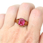 Created Ruby Ring - Art Deco 14k Yellow Gold Emerald Cut Red Gemstone - Vintage Circa 1930s Era Size 12 1/2 July Birthstone Fine Jewelry