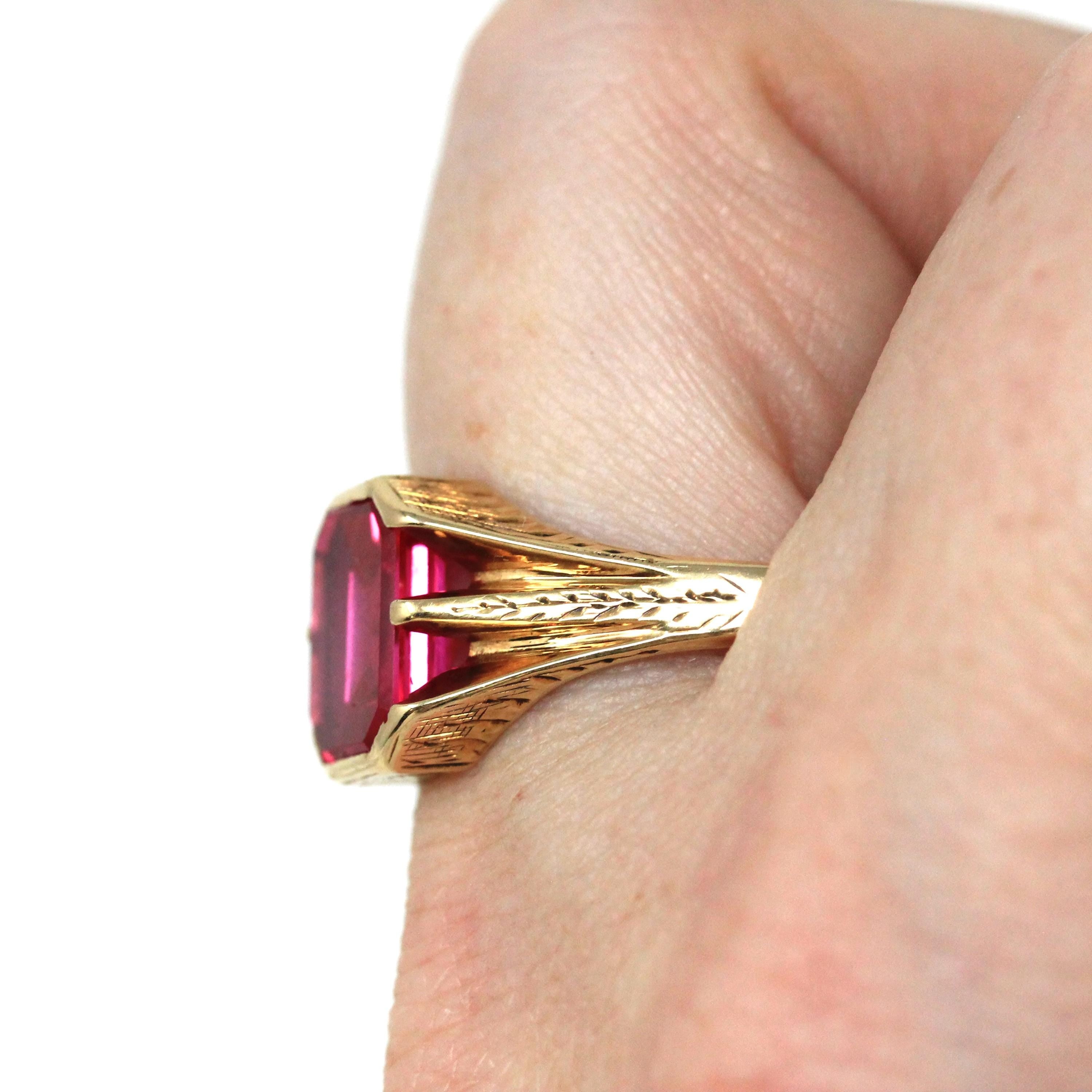 Created Ruby Ring - Art Deco 14k Yellow Gold Emerald Cut Red Gemstone - Vintage Circa 1930s Era Size 12 1/2 July Birthstone Fine Jewelry