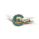 Winged Wheel Brooch - Victorian Era 18k Yellow Gold Natural Blue Turquoise Gems - Antique Circa 1890s Baroque Pearl Speed & Progress Jewelry