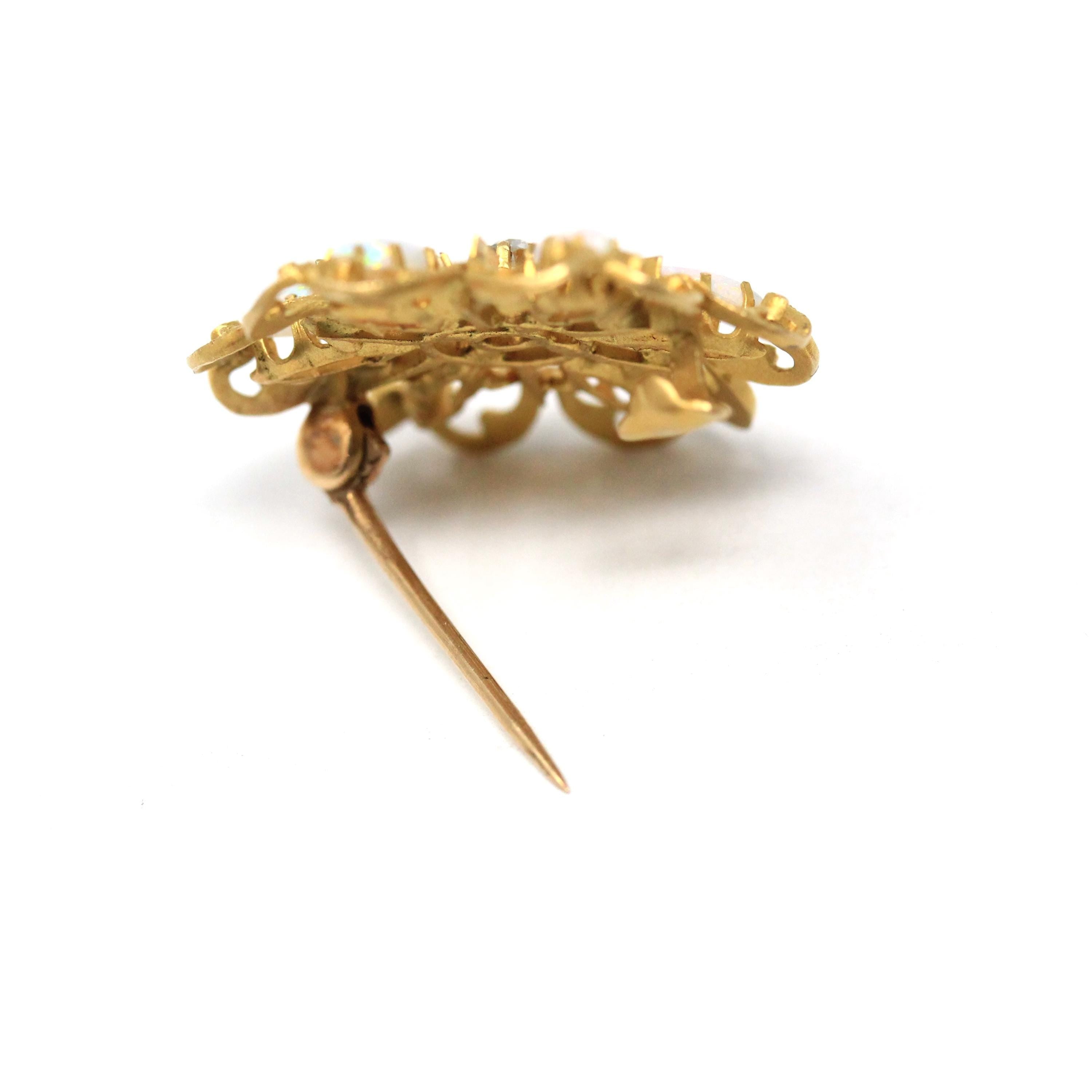Antique Flower Brooch - Edwardian Era 10k Yellow Gold Natural Opal & Diamond Sunburst Pin - Circa 1900s Fine October Birthstone Jewelry