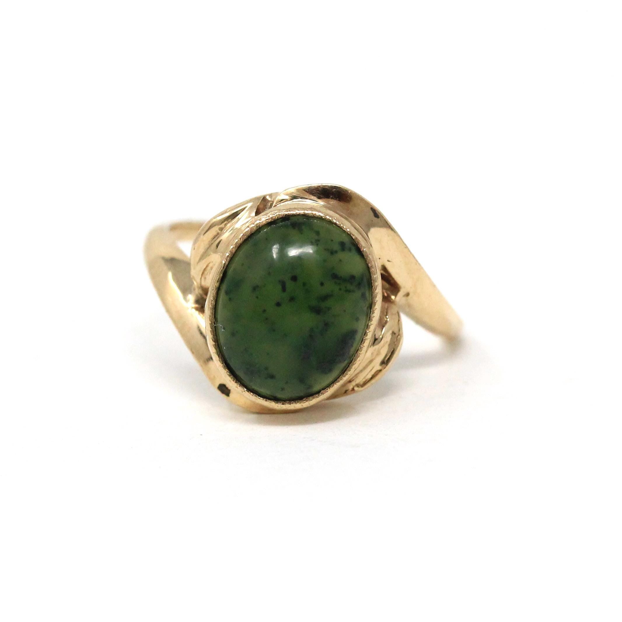 Nephrite Jade Ring - Retro 10k Yellow Gold Natural Cabochon Cut 2.71 CT Gem - Vintage Circa 1960s Era Size 4 1/2 Statement Fine 60s Jewelry