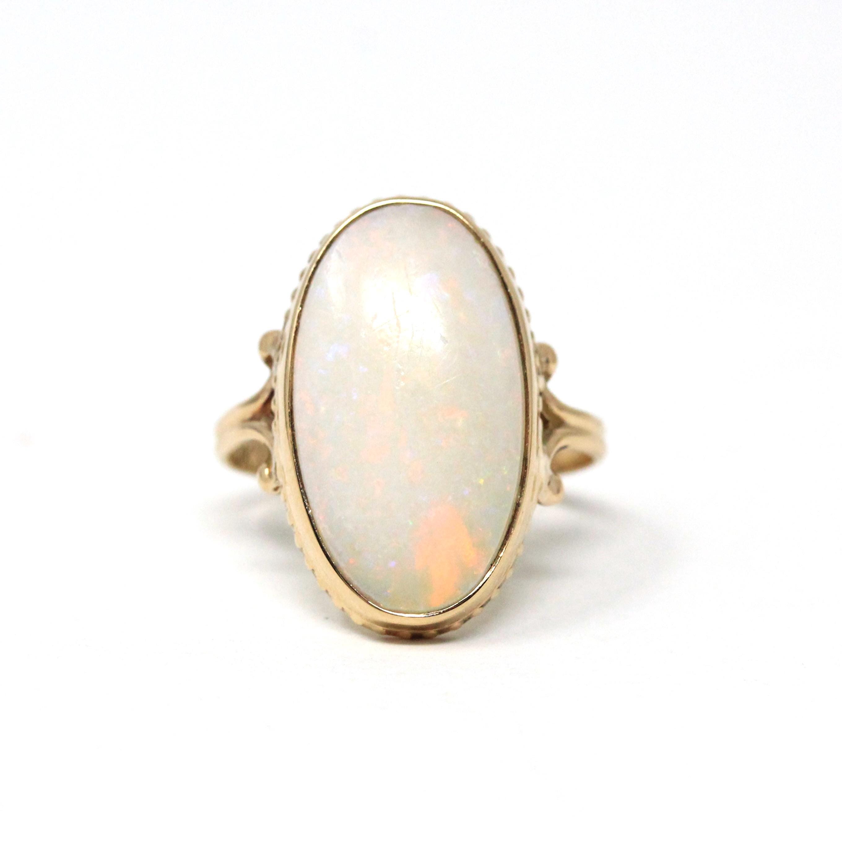 Antique Opal Ring - Edwardian 10k Yellow Gold Oval Cabochon Natural Iridescent Gemstone - Circa 1910s Era Size 7 3/4 Fine Statement Jewelry