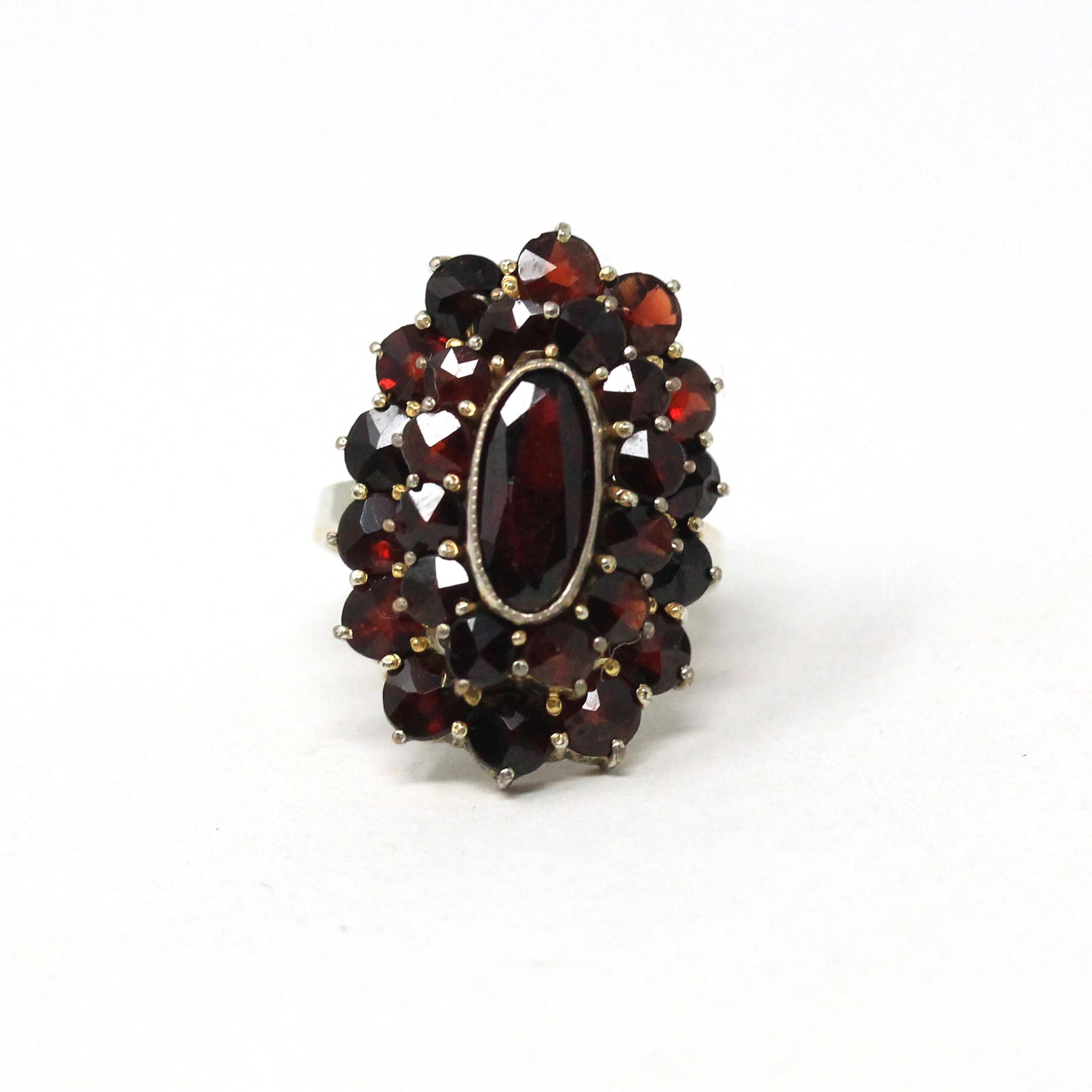 Vintage Garnet Ring - 14k Yellow Gold & Sterling Silver Natural Red Gemstones Cluster Statement - Mid Century 1940s Size 4 3/4 Halo Jewelry
