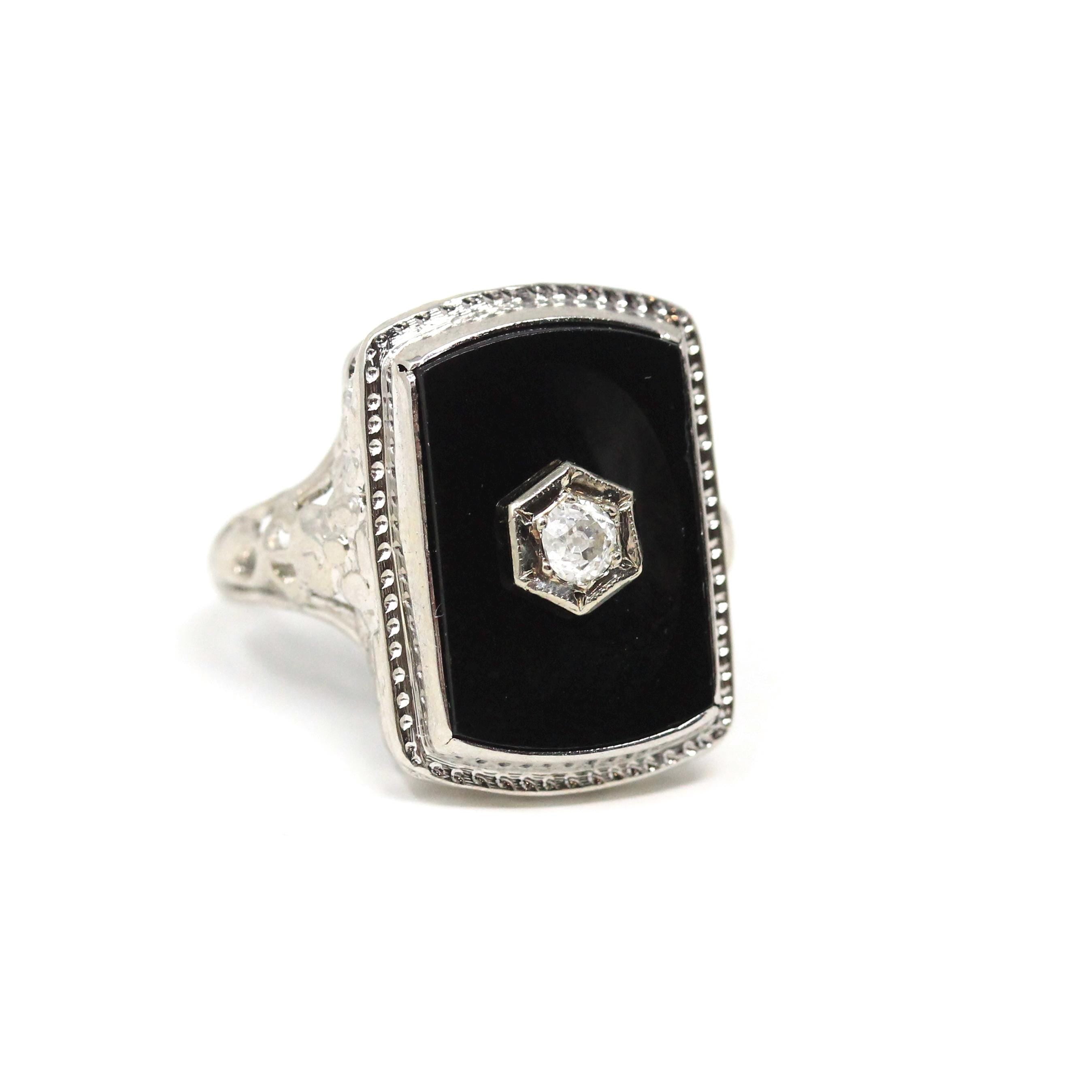 Onyx Filigree Ring - Art Deco Era 14k White Gold Natural .08 CT Diamond Accent - Vintage Circa 1930s Size 5 1/2 Black Chalcedony Jewelry