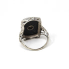 Onyx Filigree Ring - Art Deco Era 14k White Gold Natural .08 CT Diamond Accent - Vintage Circa 1930s Size 5 1/2 Black Chalcedony Jewelry