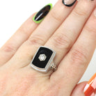 Onyx Filigree Ring - Art Deco Era 14k White Gold Natural .08 CT Diamond Accent - Vintage Circa 1930s Size 5 1/2 Black Chalcedony Jewelry