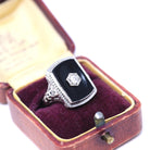 Onyx Filigree Ring - Art Deco Era 14k White Gold Natural .08 CT Diamond Accent - Vintage Circa 1930s Size 5 1/2 Black Chalcedony Jewelry