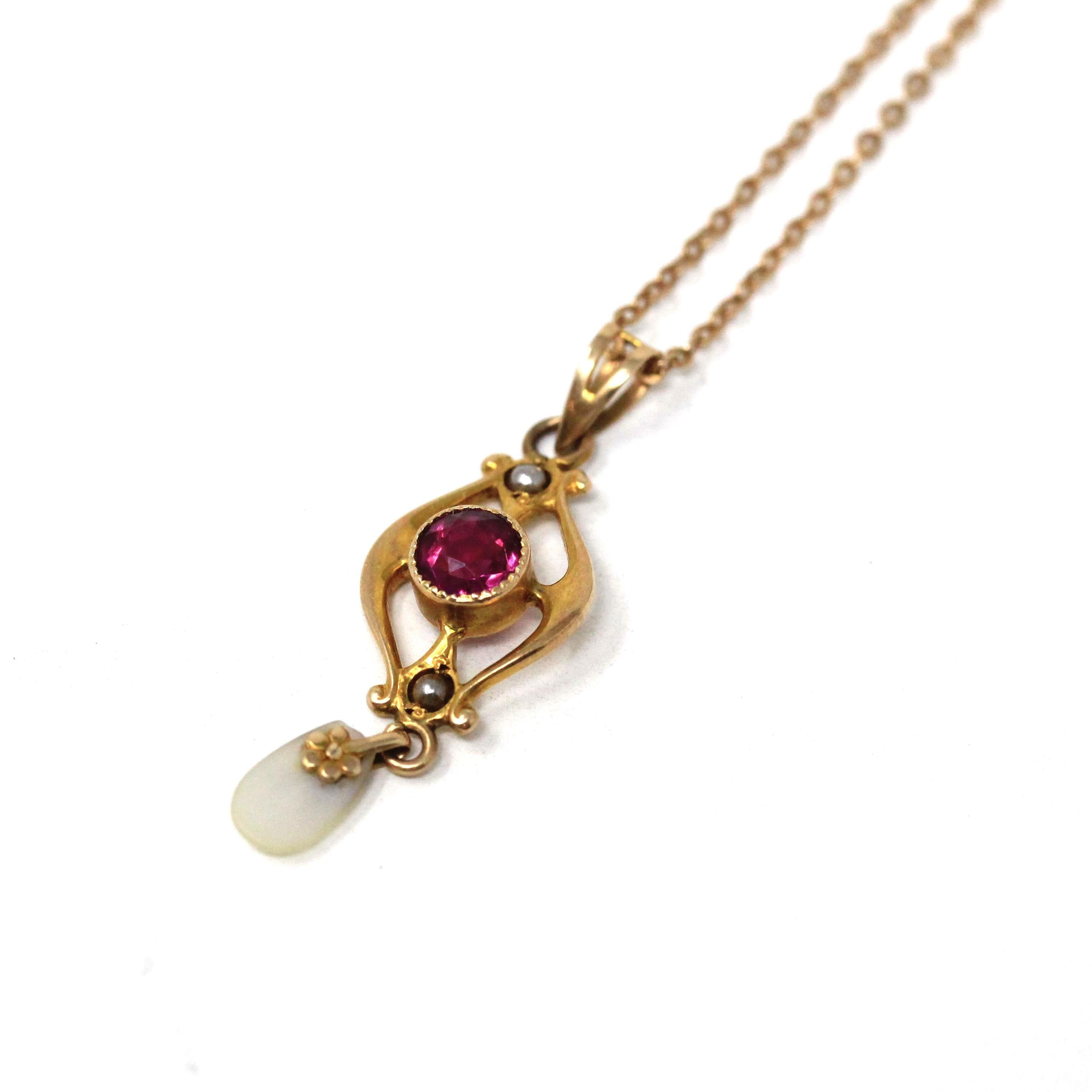 Antique Lavalier Necklace - Edwardian 10k Yellow Gold Red Purple Glass Stone & Seed Pearls Pendant - Circa 1910s Era Ostby Barton OB Jewelry