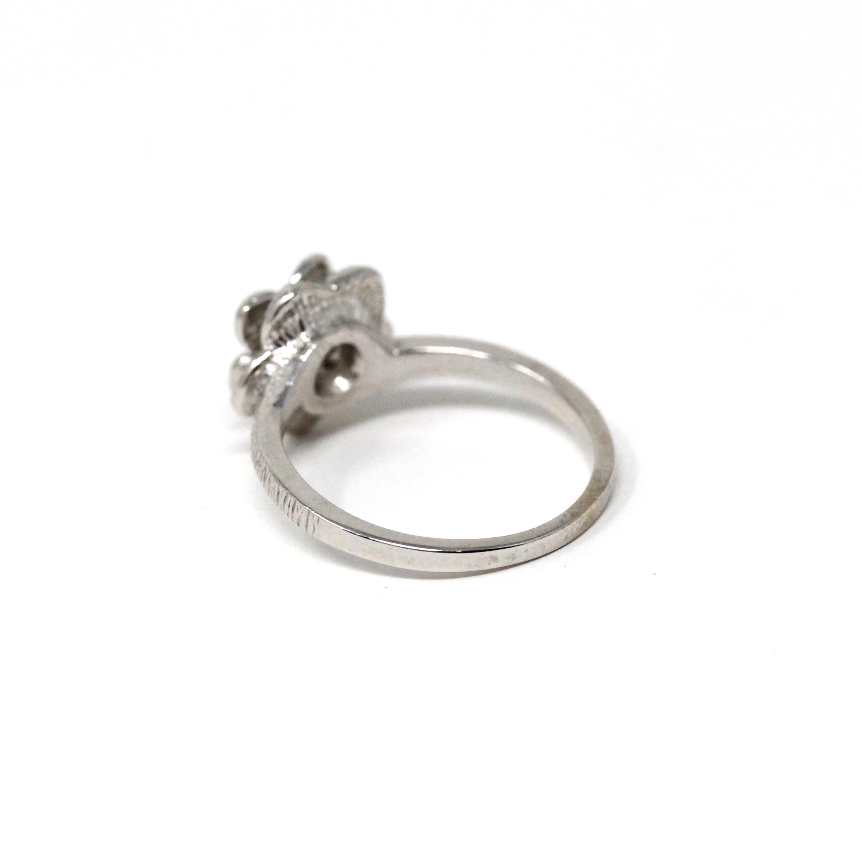 Modern Flower Ring - Estate 14k White Gold Natural Round Brilliant Cut Diamond - Vintage Circa 1990s Era Size 5 Fine Statement Jewelry