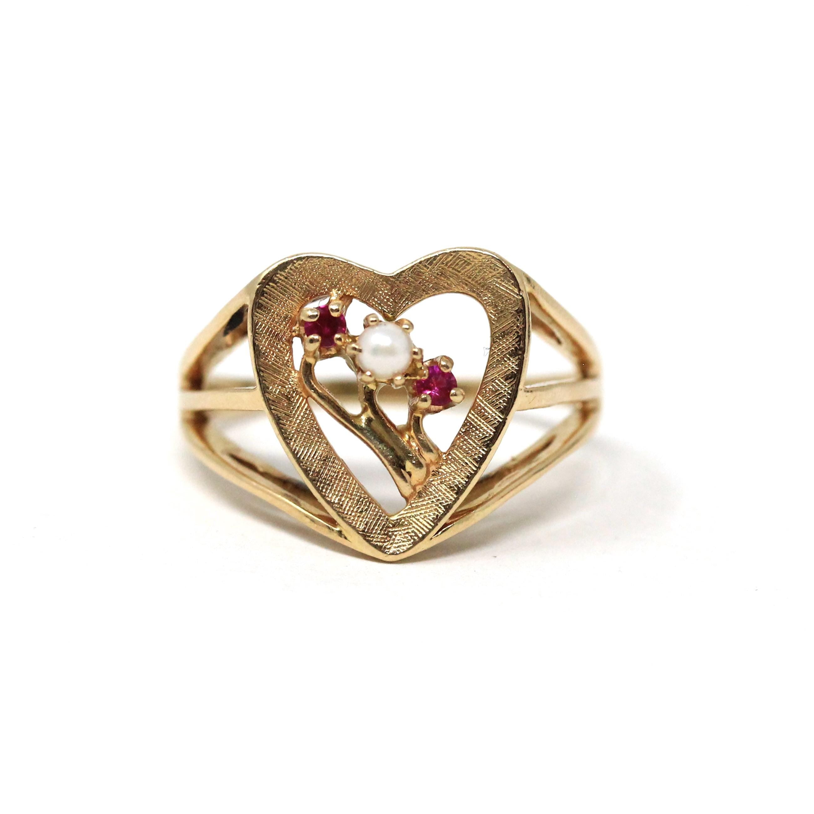 Retro Heart Ring - Vintage 14k Yellow Gold Pearl & Created Ruby Three Gemstone - Size 8 1/2 Circa 1960s Era June And July Birthstone Jewelry