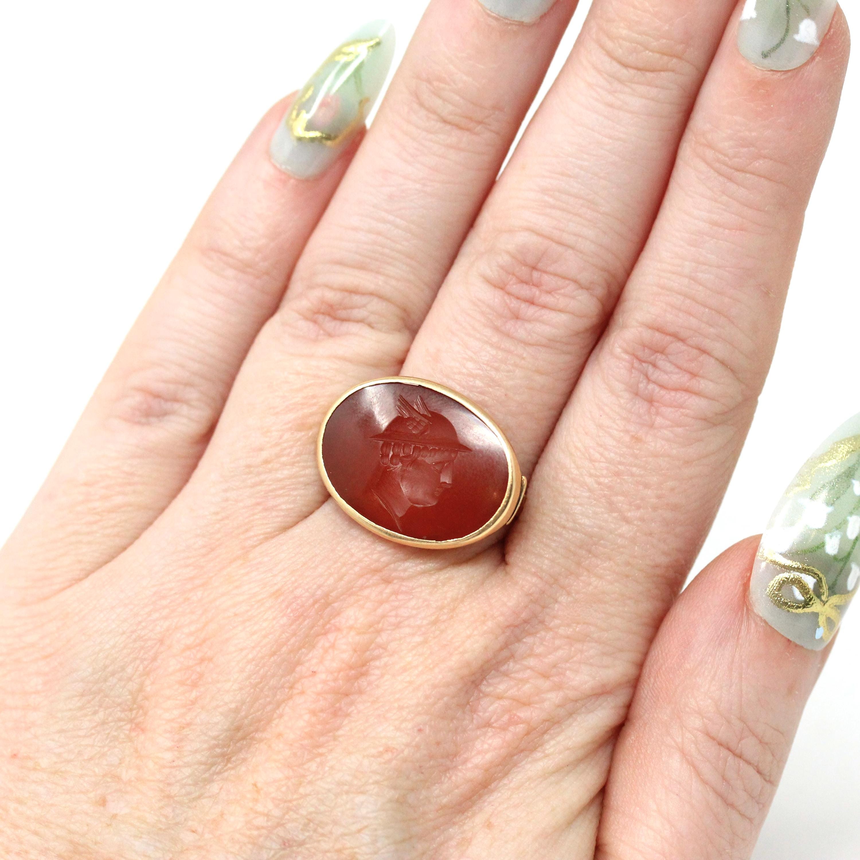 Edwardian Intaglio Ring - Antique 18k Yellow Gold Red Carnelian Carved Engraved Gemstone - Circa 1900s Era Size 6 Unisex Signet Fine Jewelry