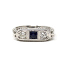 Art Deco Wedding Ring - Vintage 14k White Gold Natural Diamond Created Blue Sapphire Band - Circa 1930s Era Size 5 3/4 Filigree Fine Jewelry