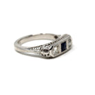 Art Deco Wedding Ring - Vintage 14k White Gold Natural Diamond Created Blue Sapphire Band - Circa 1930s Era Size 5 3/4 Filigree Fine Jewelry