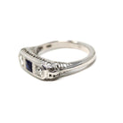 Art Deco Wedding Ring - Vintage 14k White Gold Natural Diamond Created Blue Sapphire Band - Circa 1930s Era Size 5 3/4 Filigree Fine Jewelry