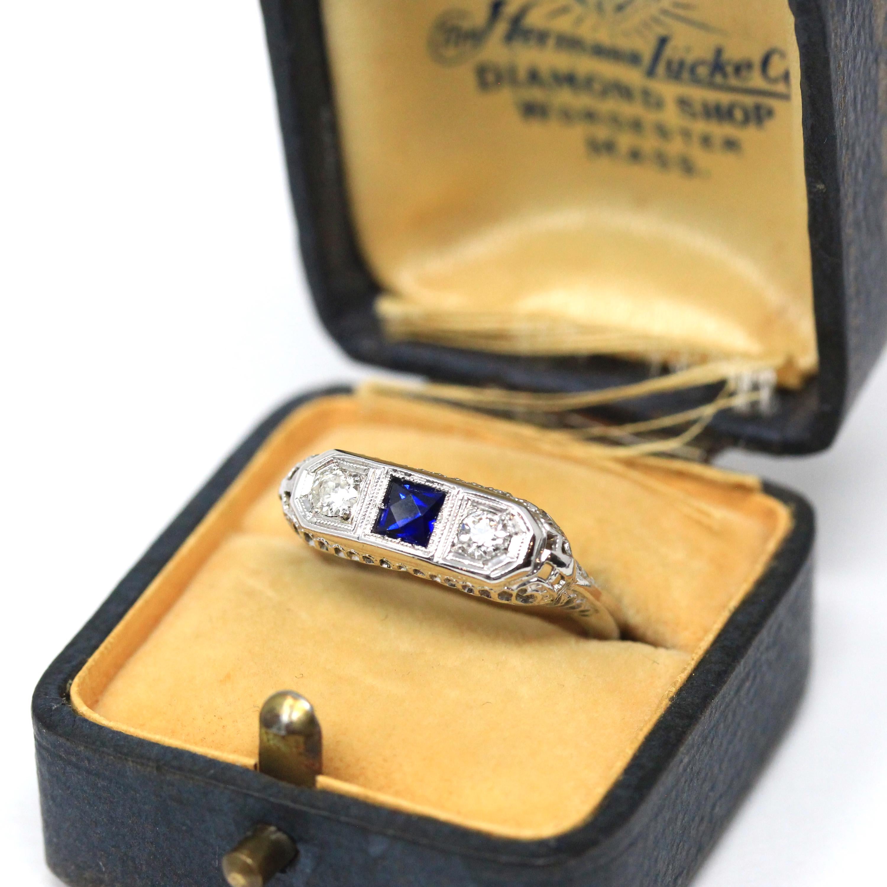Art Deco Wedding Ring - Vintage 14k White Gold Natural Diamond Created Blue Sapphire Band - Circa 1930s Era Size 5 3/4 Filigree Fine Jewelry