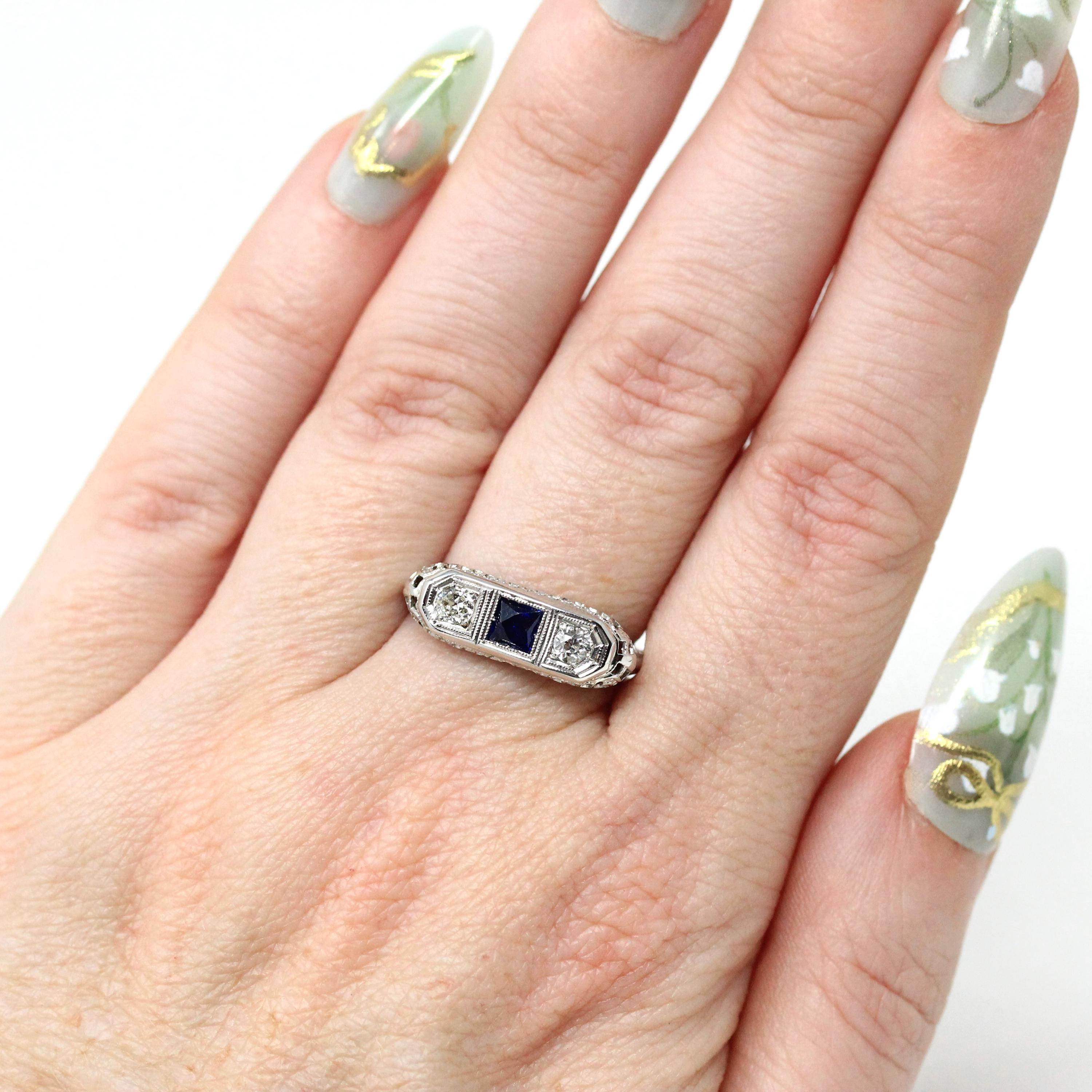 Art Deco Wedding Ring - Vintage 14k White Gold Natural Diamond Created Blue Sapphire Band - Circa 1930s Era Size 5 3/4 Filigree Fine Jewelry