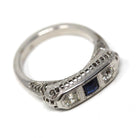 Art Deco Wedding Ring - Vintage 14k White Gold Natural Diamond Created Blue Sapphire Band - Circa 1930s Era Size 5 3/4 Filigree Fine Jewelry