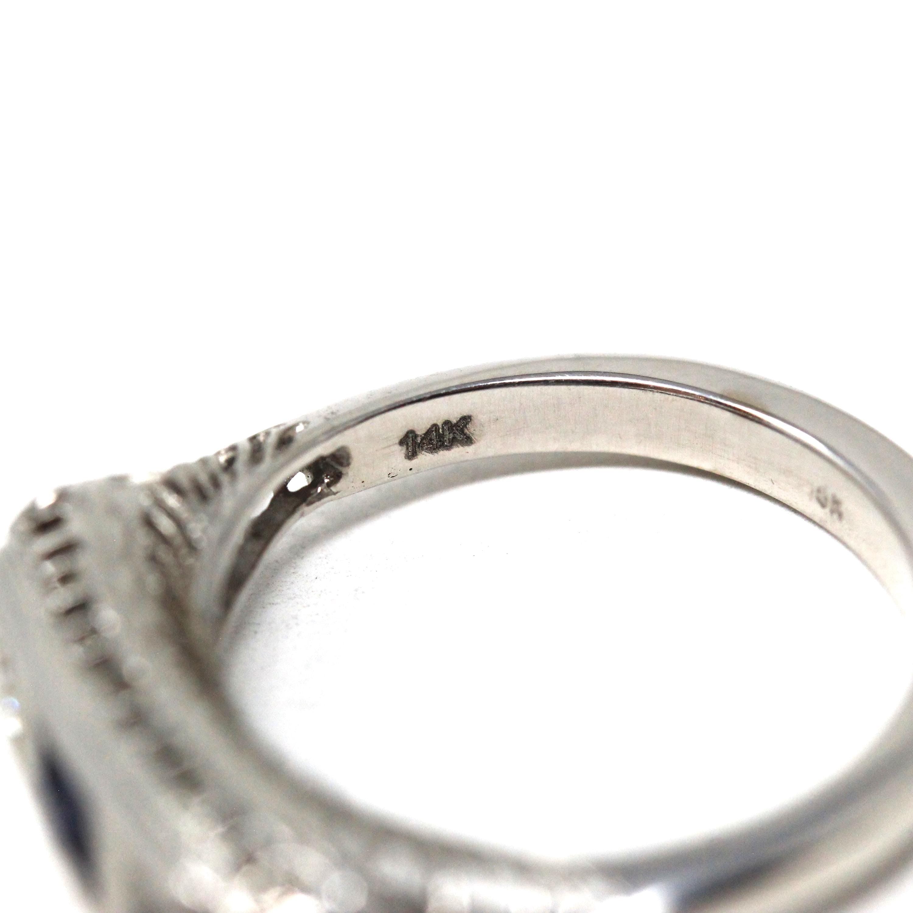 Art Deco Wedding Ring - Vintage 14k White Gold Natural Diamond Created Blue Sapphire Band - Circa 1930s Era Size 5 3/4 Filigree Fine Jewelry