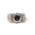 Modern Iolite Ring - 14k White Gold Scroll Design Purple Blue Gemstone & Diamond Accents - Estate Size 6 3/4 Unisex Fine Statement Jewelry