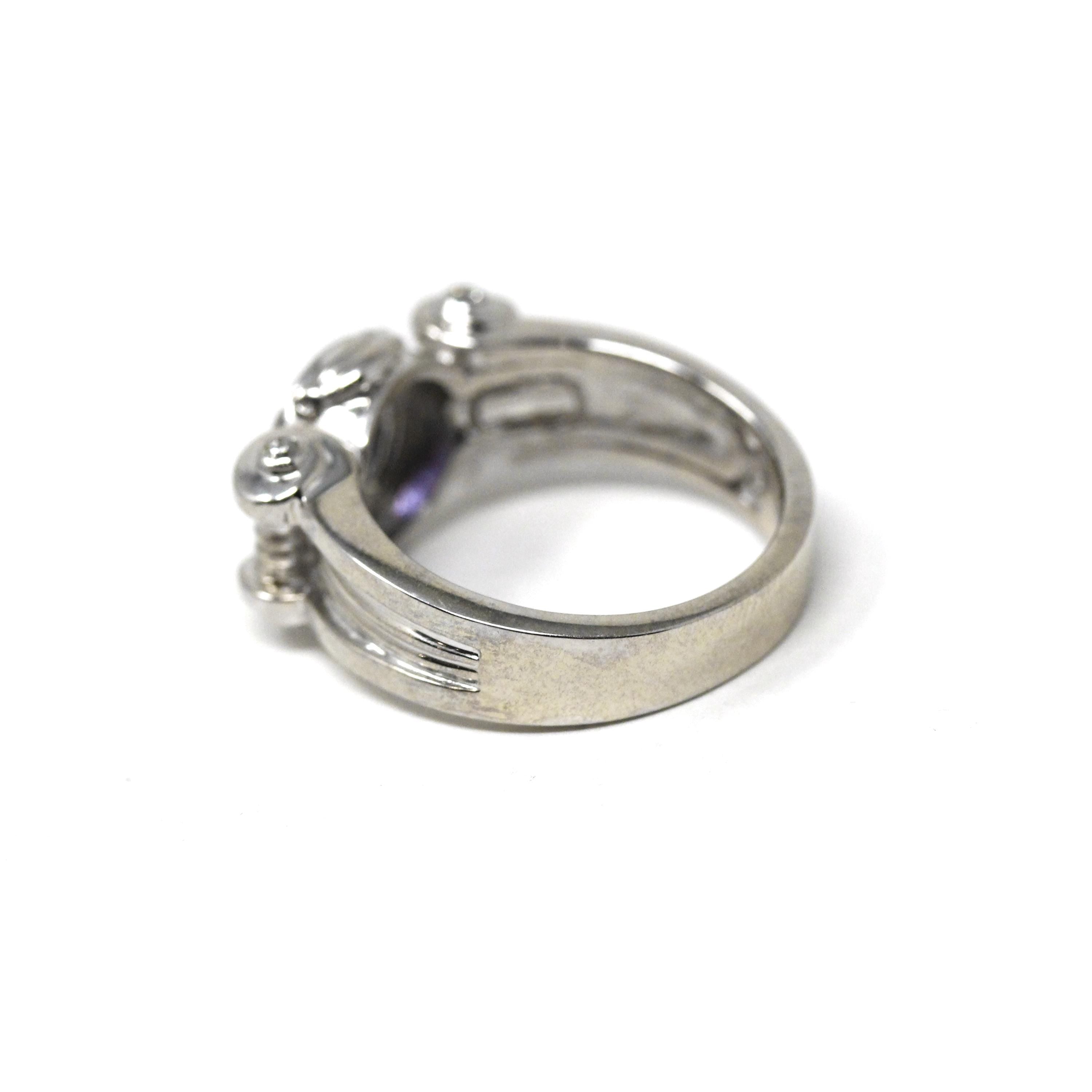 Modern Iolite Ring - 14k White Gold Scroll Design Purple Blue Gemstone & Diamond Accents - Estate Size 6 3/4 Unisex Fine Statement Jewelry