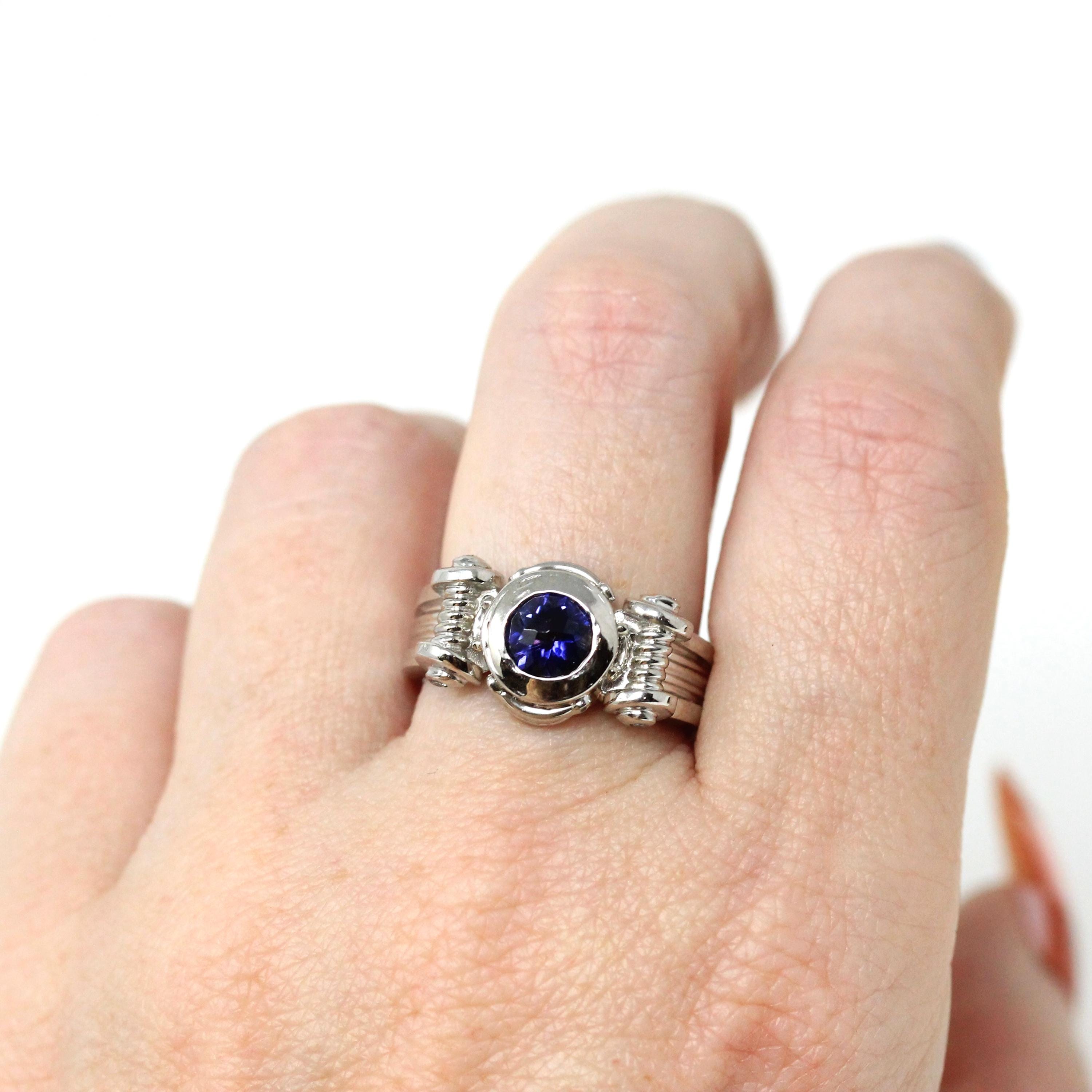 Modern Iolite Ring - 14k White Gold Scroll Design Purple Blue Gemstone & Diamond Accents - Estate Size 6 3/4 Unisex Fine Statement Jewelry