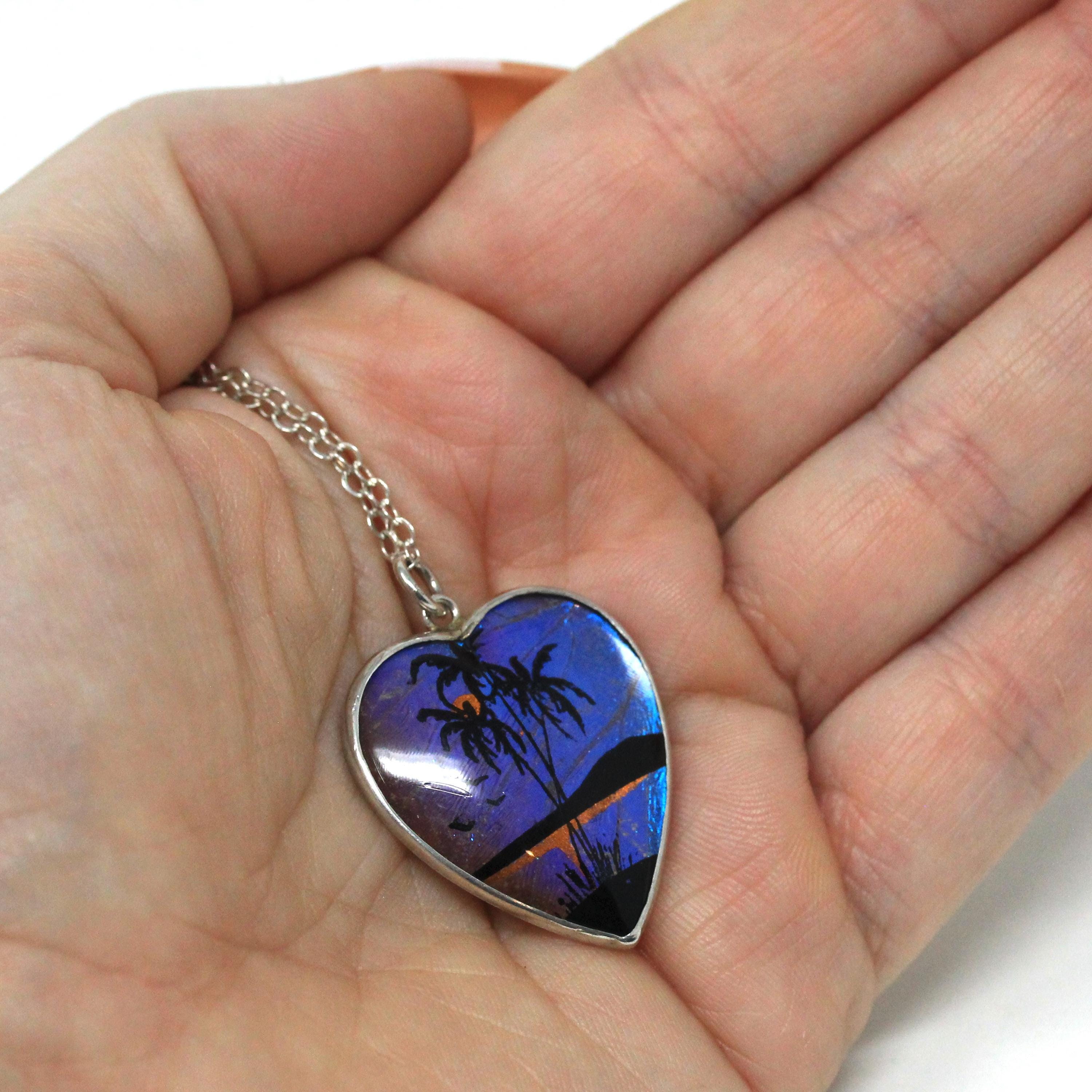 Morpho Butterfly Pendant - Mid Century Sterling Silver Blue Wing Heart Necklace - Vintage Circa 1940s Era Palm Tree Beach Sunset Jewelry