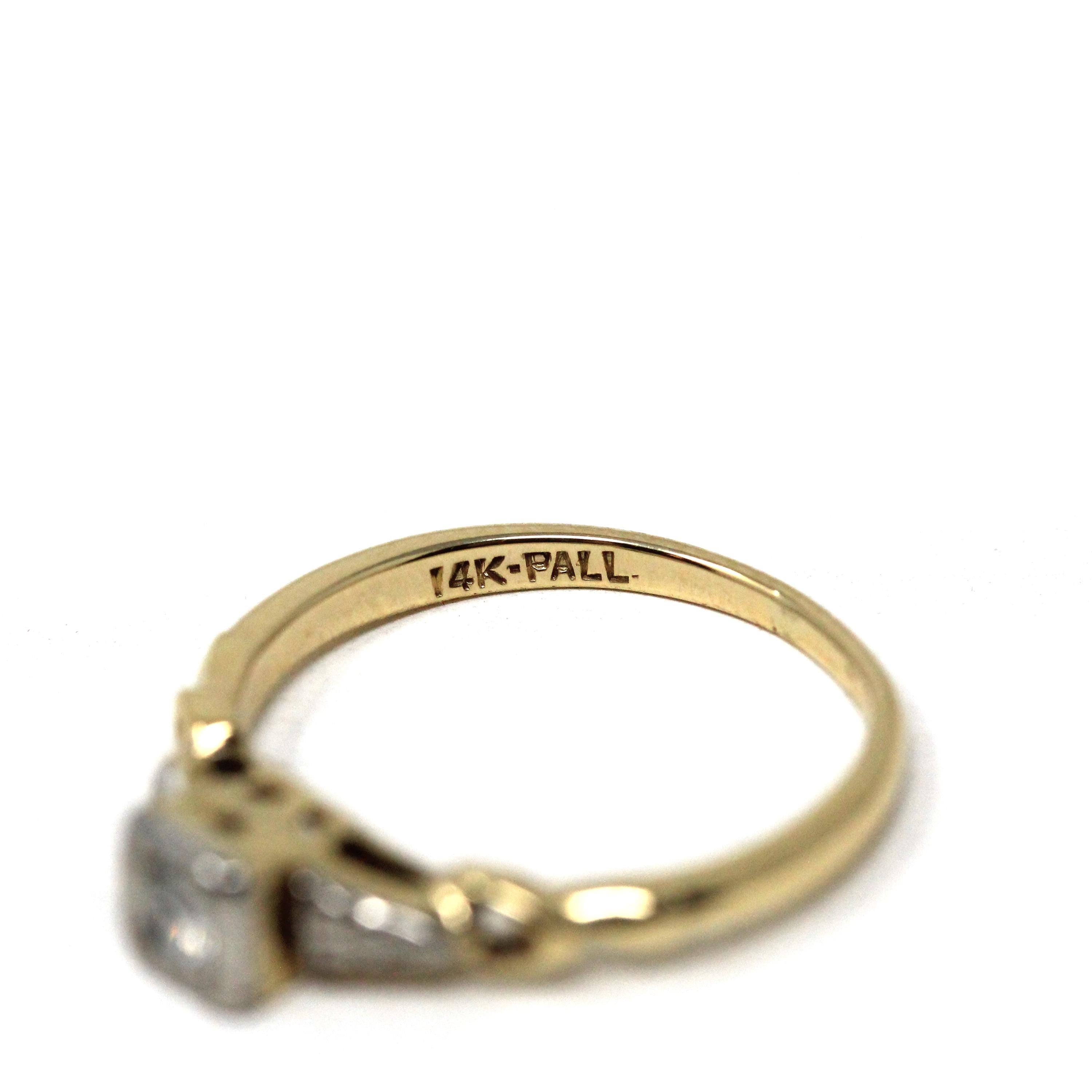 Vintage Diamond Ring - Mid Century 14k Yellow Gold and Palladium Two Tone Band - Circa 1940s Era Size 3 1/4 Illusion Fine Engagement Jewelry