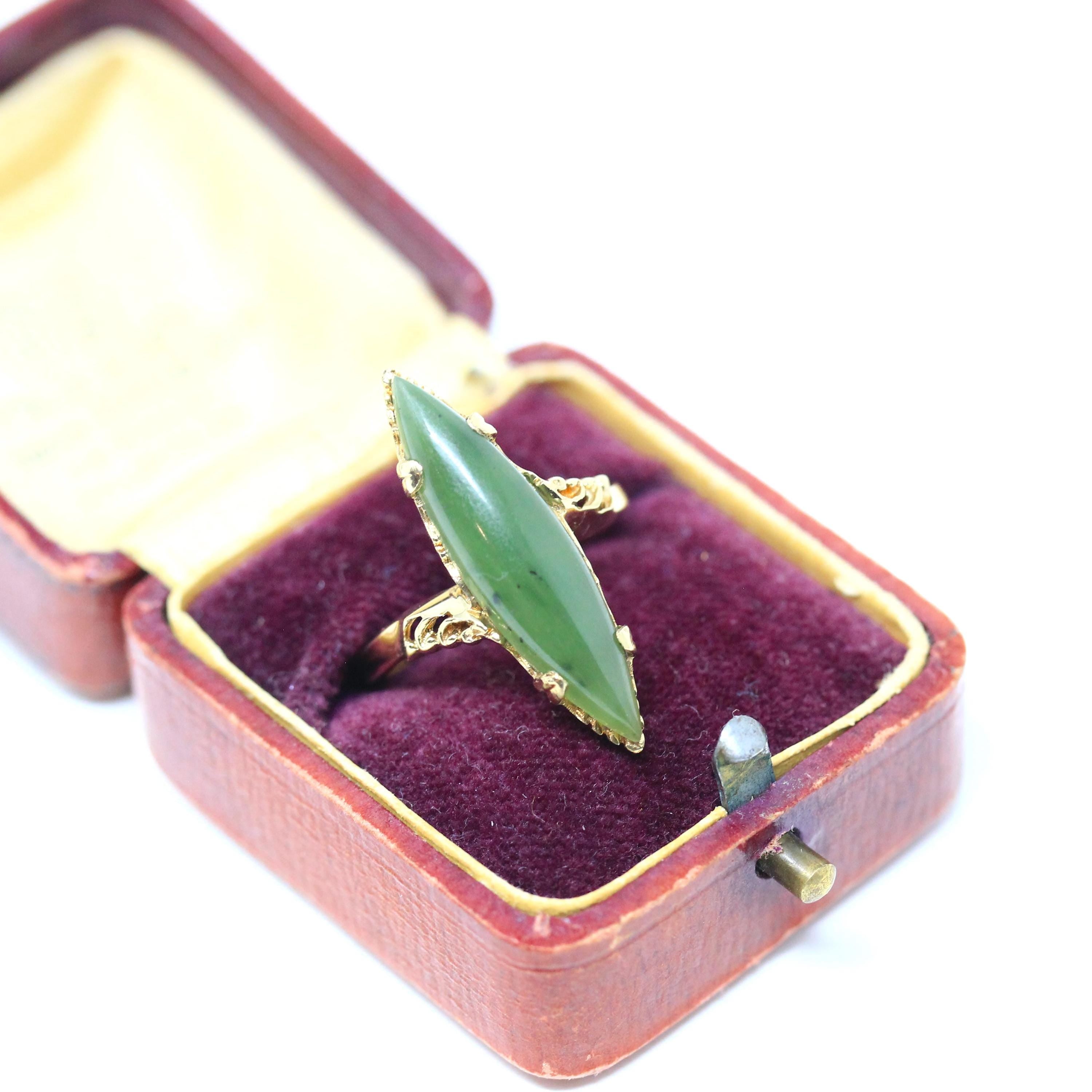 Nephrite Jade Ring - Retro 10k Yellow Gold Marquise Cut Natural Green Gemstone - Vintage Circa 1970s Era Size 6 1/2 Bypass Fine 70s Jewelry