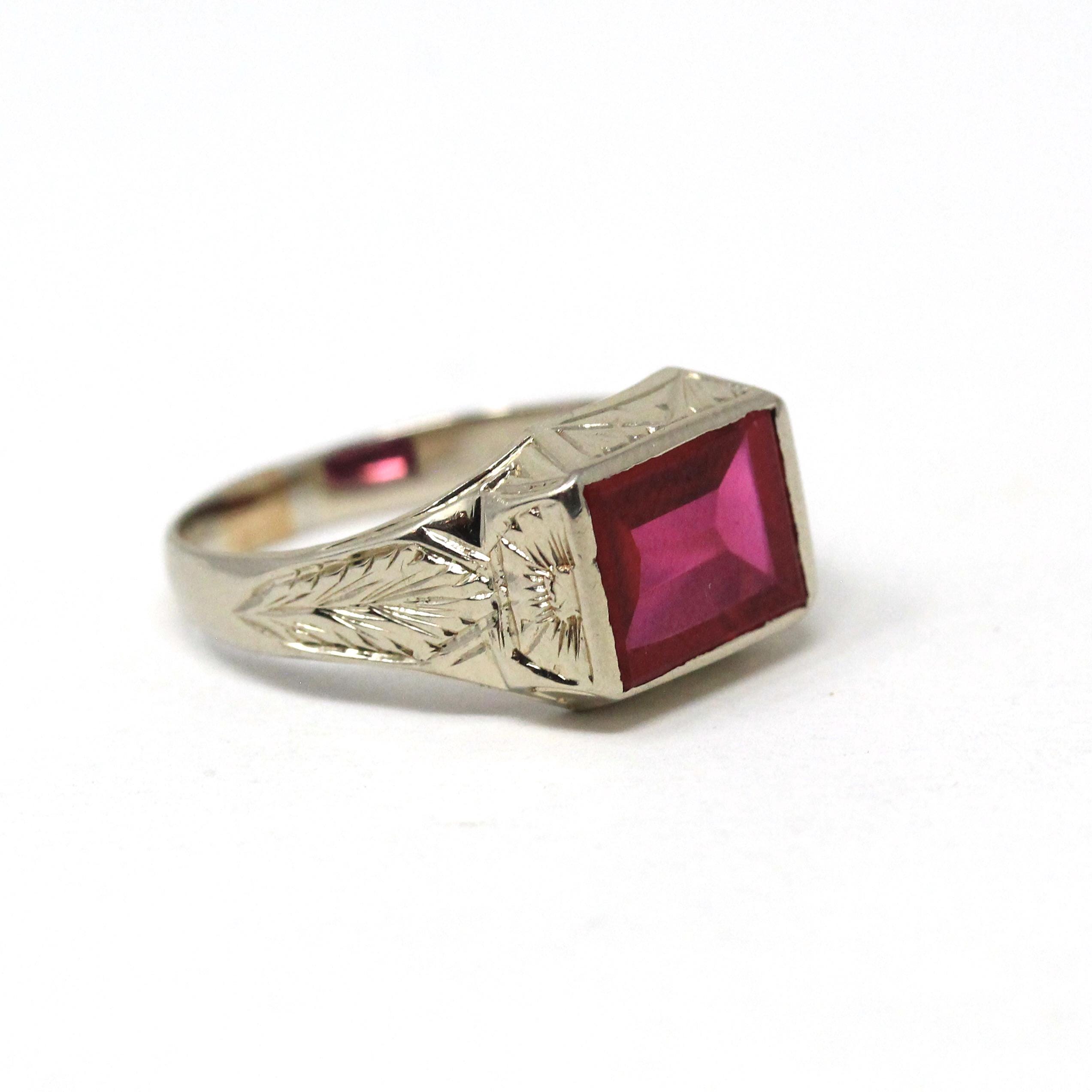 Art Deco Ring - Vintage 14k White Gold Rectangular Created Ruby Gemstone - Circa 1930s Size 10 1/4 Men's Unisex Bow Wheat Fine 30s Jewelry
