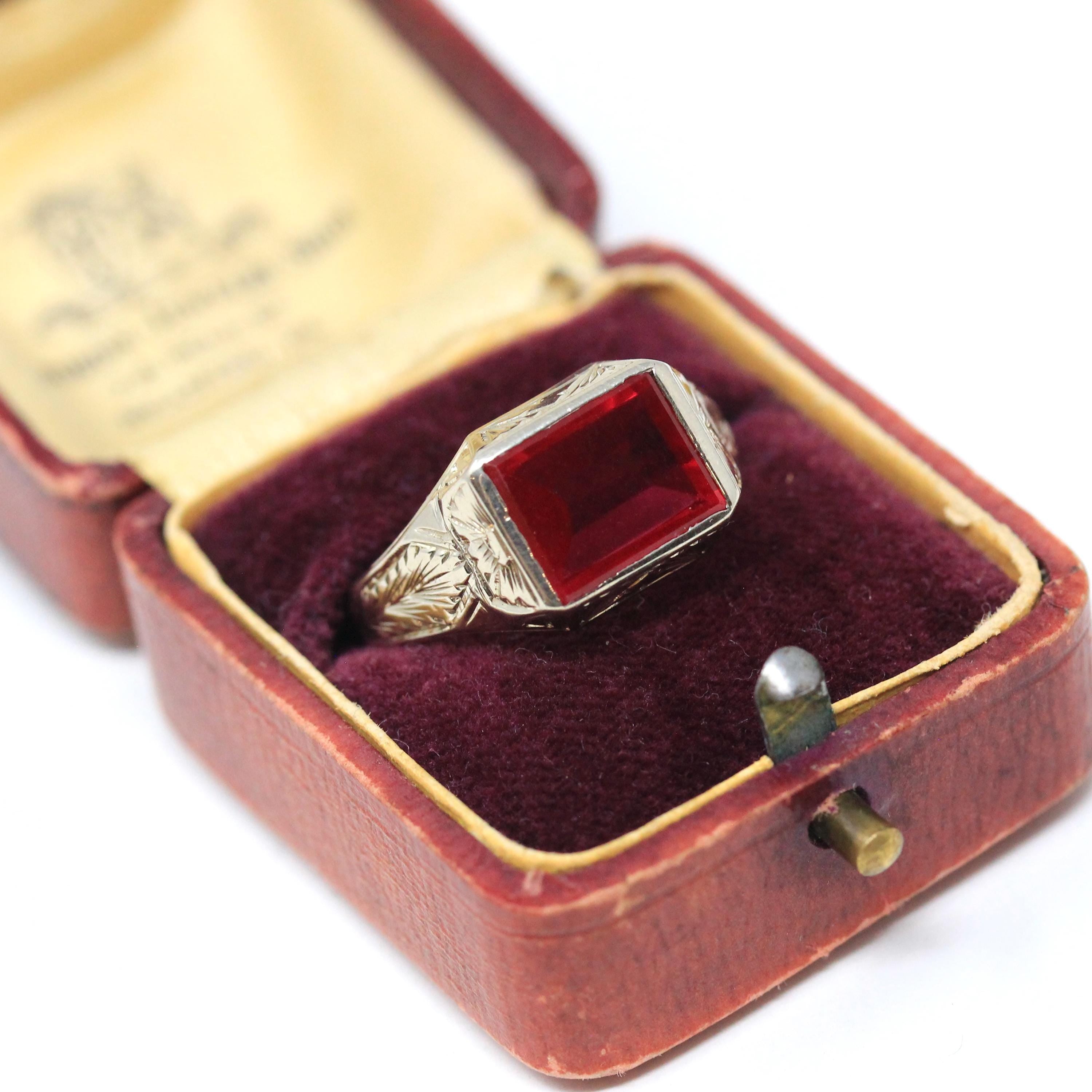 Art Deco Ring - Vintage 14k White Gold Rectangular Created Ruby Gemstone - Circa 1930s Size 10 1/4 Men's Unisex Bow Wheat Fine 30s Jewelry
